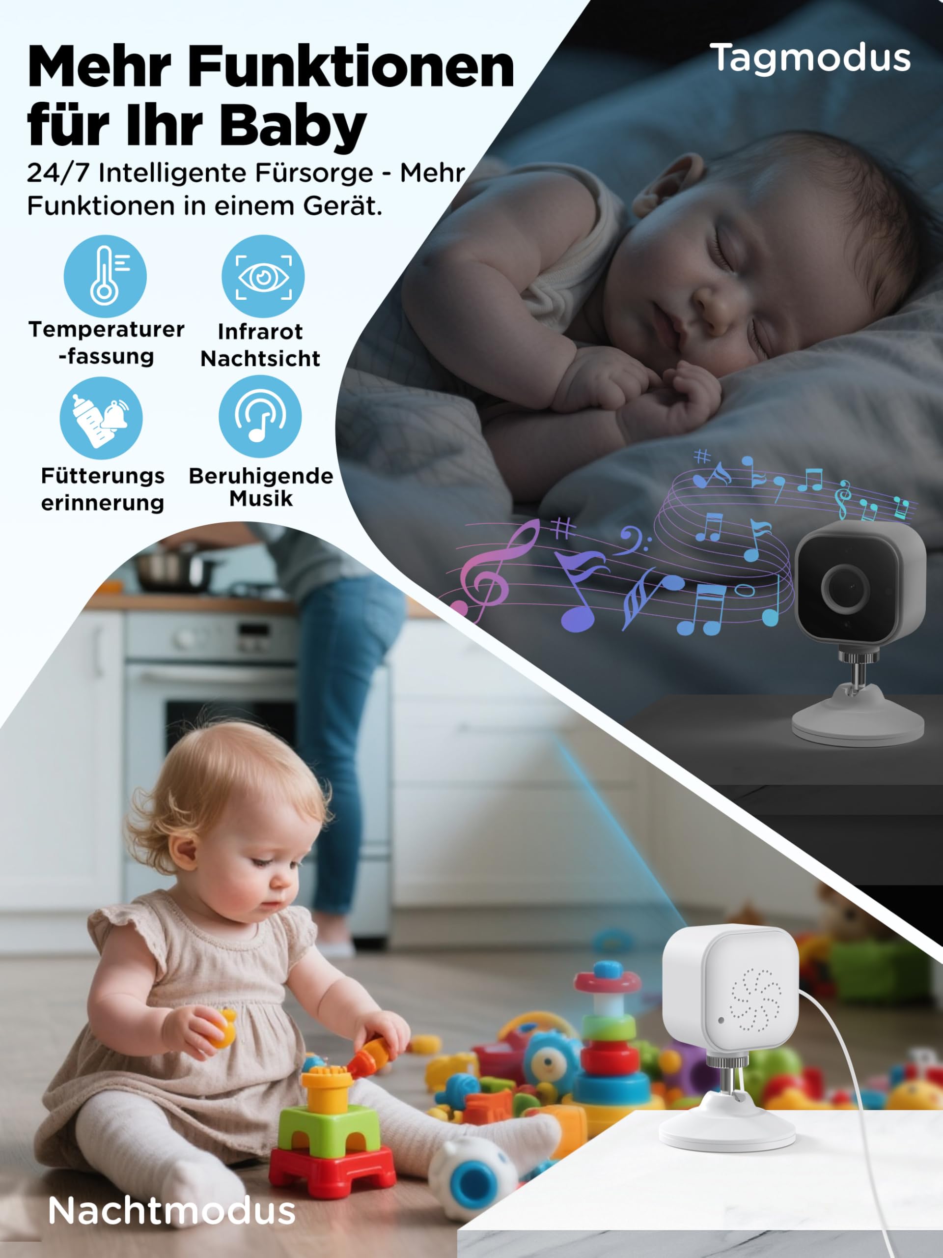 NUOTUN Babyphone mit Kamera Ohne WLAN, Tragbares Baby Kamera Monitor mit Halterung & Bettclip, Zwei-Wege-Audio, Sichere 2,4GHz, Nachtsicht, VOX-Modus, Temperatursensor, 4X Zoom, Timer, Schlaflieder