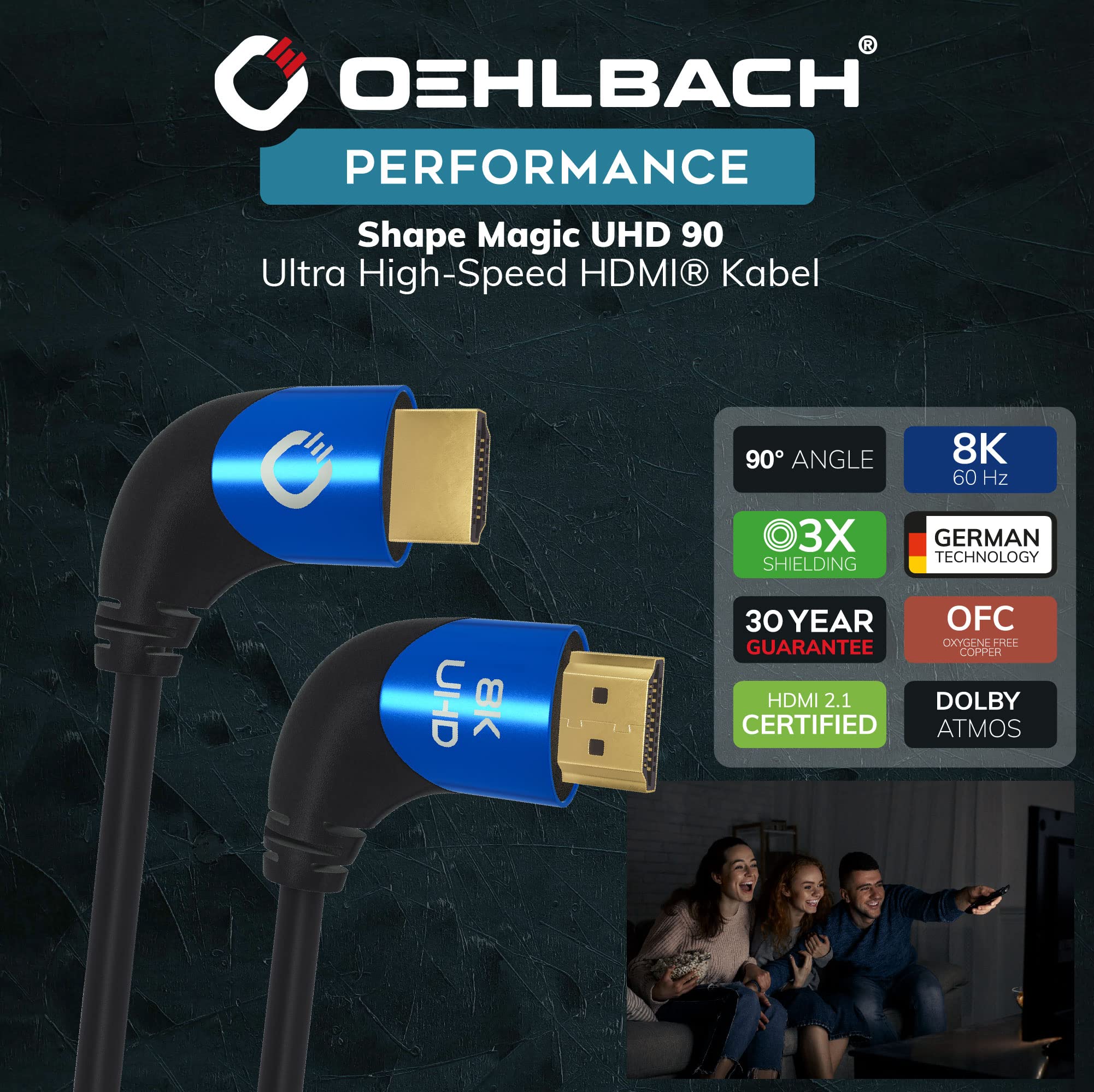 Oehlbach Shape Magic 90 UHD Câble HDMI 2.1 8K Ultra High Speed – Certifié 48 Gbps (fiche coudée à 90 °, cuivre OFC, 4K @ 120 Hz, 8K @ 60 Hz, eARC, HDR dynamique) noir 2 m