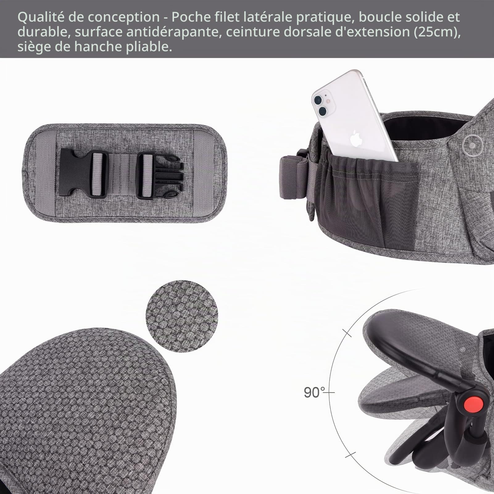 Bebamour Porte-bébé Hipseat 0-36 mois, tabouret de taille avec support dorsal léger et réglable, porte-bébé 3 en 1 siège bébé à tout-petit(New Light Grey)