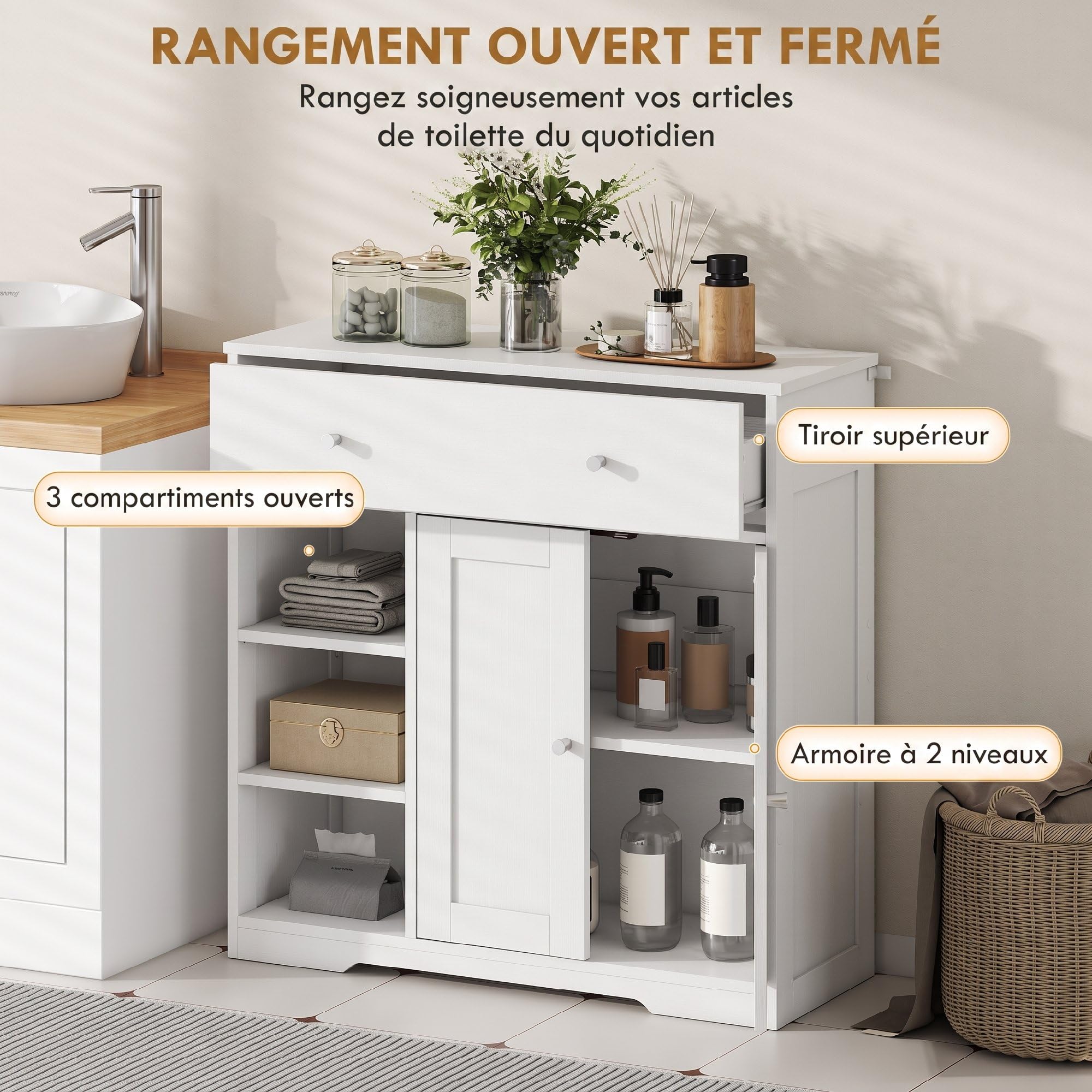 HOMCOM Meuble de Salle de Bain 1 Tiroir 2 Portes 80 x 30 x 80,2 cm Blanc