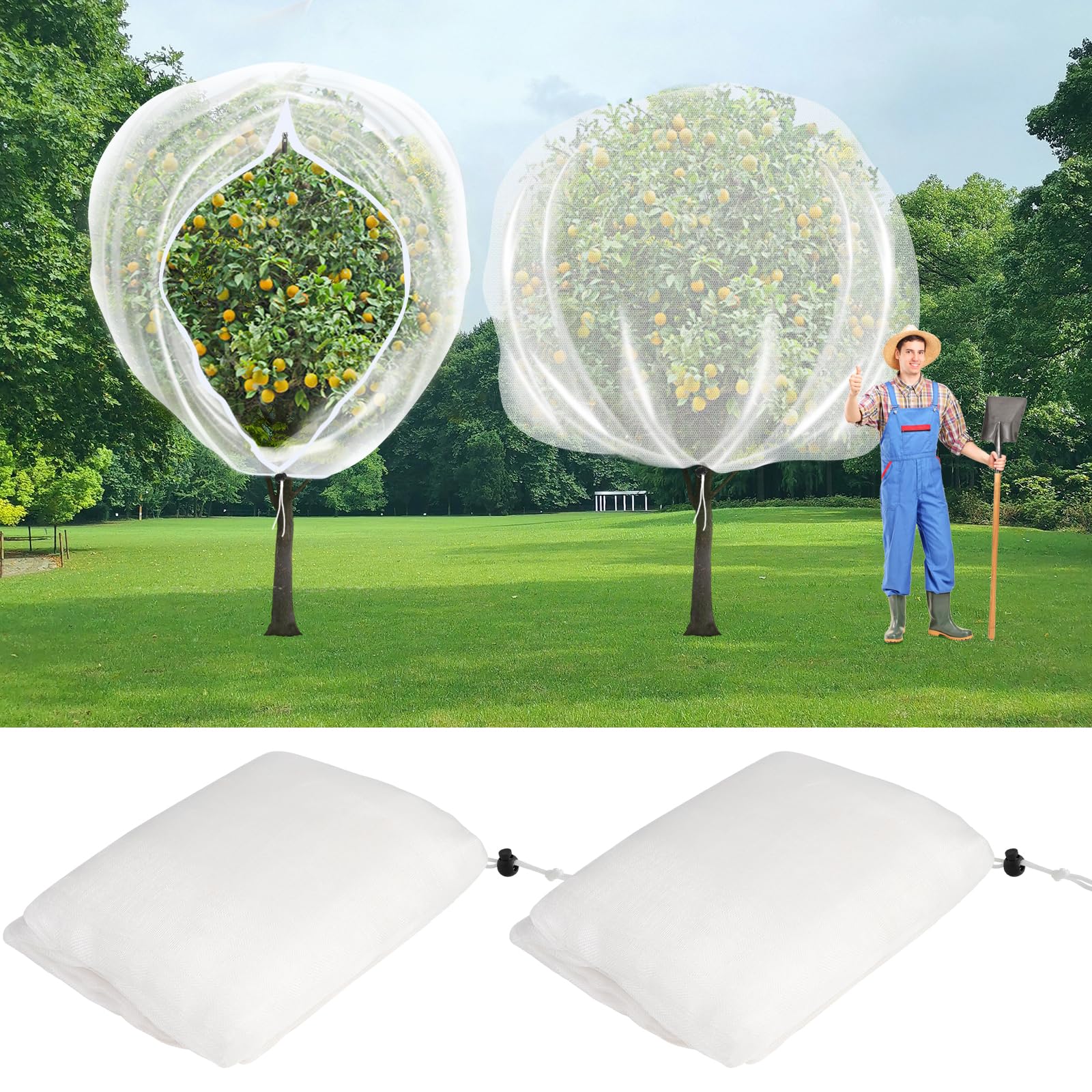 2 bolsas grandes de red para árboles frutales de 8 x 8 pies, cubierta de red para árbol con cremallera y cordón, red de malla para plantas, arándanos, arbustos, pájaros, protección de jardín,