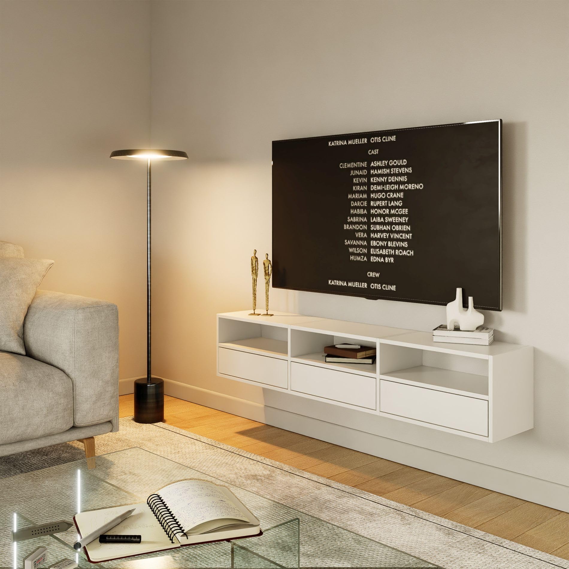 Selsey TV Lowboard - Weiß Farbe Moderne Fernseher Kommode 150 x 30 x 30 cm (BxTxH) TV Unterschrank für Wohnzimmer Schrank mit Klappen Push to Open Lowboard Hängend TV Cabinet Wandmontage