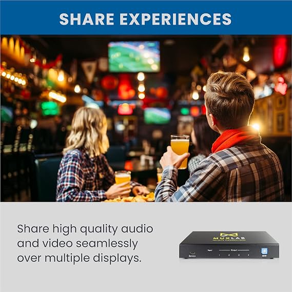 MuxLab 1x4 HDMI Splitter | 1 in 4 Out| 4K@60HZ | 4:4:4 | HDR | HDMI 2.0 | HDCP 2.2 | TrueHD | DTS:X | Use with 4K HDR Monitor for boardroom, Auditorium, Gaming, Digital Signage