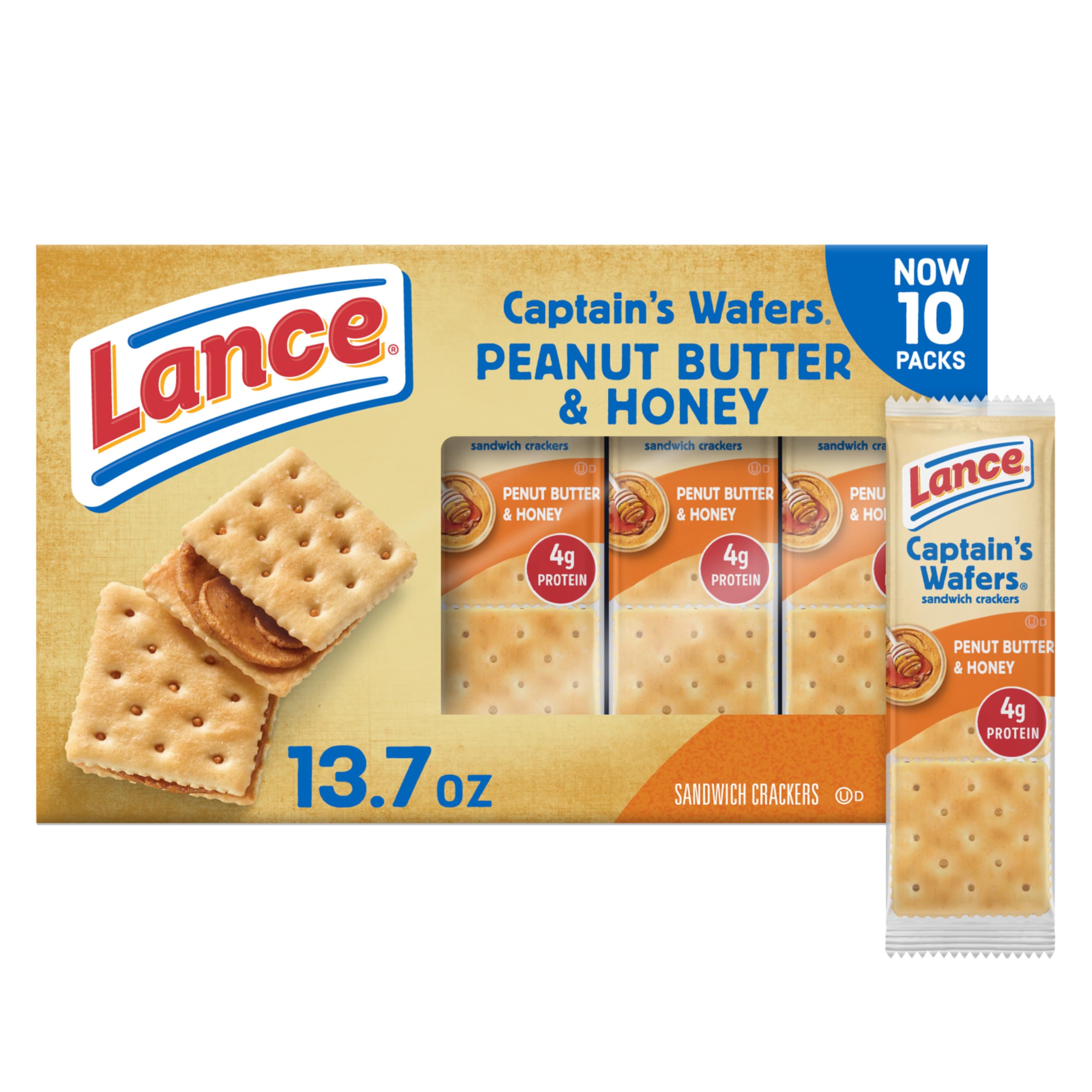 Lance Sandwich Crackers, Captain's Wafers Peanut Butter and Honey, 10 Packs, 6 Sandwiches Each