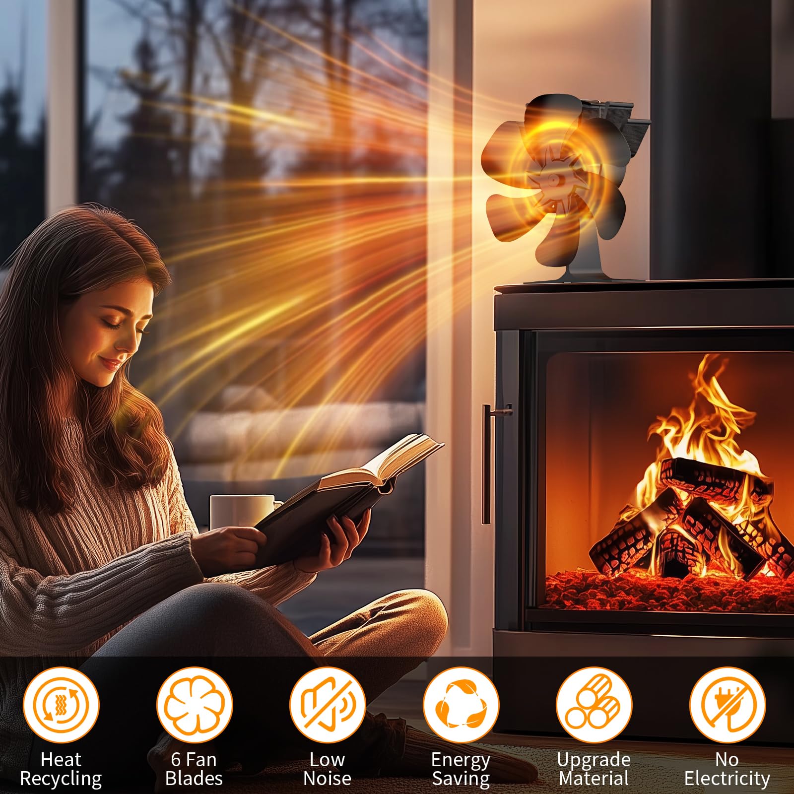 6 PáGinas Ventilador de Chimenea,Ventilador no Eléctrico para Chimenea, ventilador de estufa de lena silencioso, para Estufas de Leña de Leña/Leña/Chimenea/Estufa (6 Hojas)