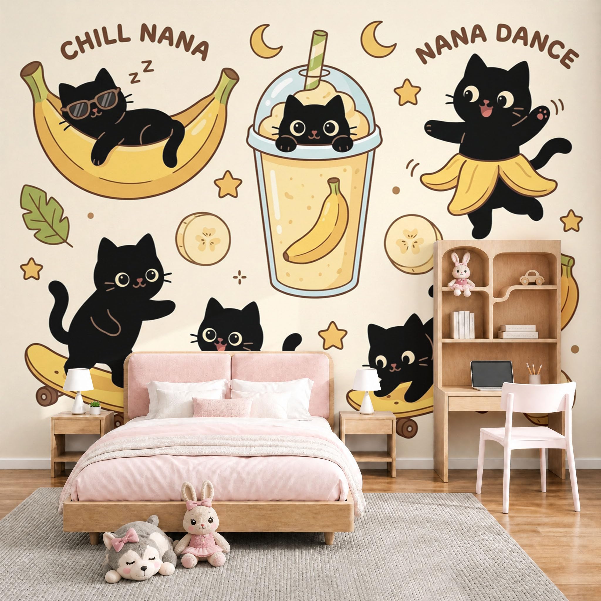 Papier peint panoramique 3D pour masquer un mur dégradé avec un décor chat noir