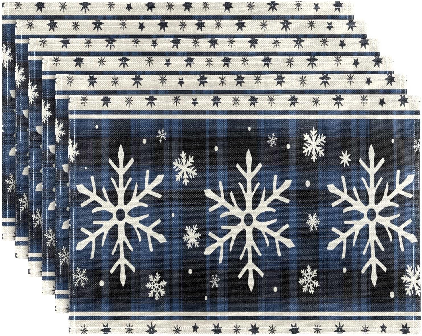Christmas Snowflake Placemats Set of 6 Blue Black Plaid Winter Dining Place Mats Non-Slip Washable Kitchen Table Mats for Indoor Outdoor Party Christmas Table Decoration,12x18 inch