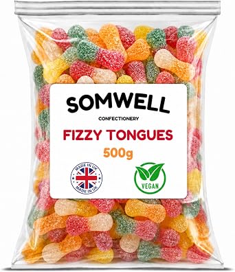 Somwell - Vegan Fizzy Tongue Sweets 500g - Chewy Fruit Flavoured Treats - Classic Traditional Jellies - Retro Tangy & Fizzy Candy - Halal Pick & Mix and Parties - Bulk Bag - Resealable Pouch