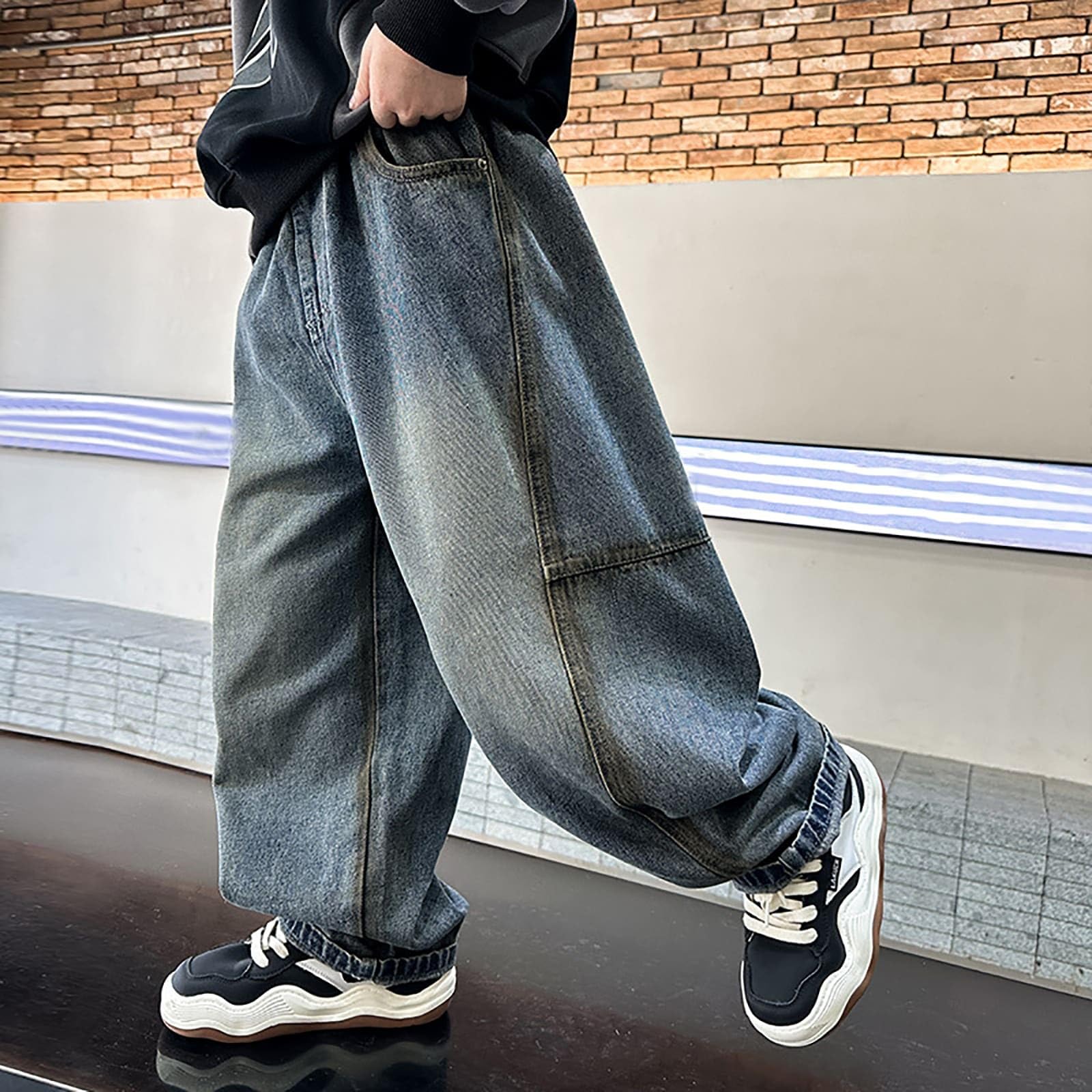 Generico Jeans Bambino 4-14 Anni Elasticizzati Larghi Pantaloni Jeans Denim Ragazzo Elastico in Vita Dritto Comfort Pantaloni Lavoro Cargo Ampia Autunnale Y2K Streetwear Tasche