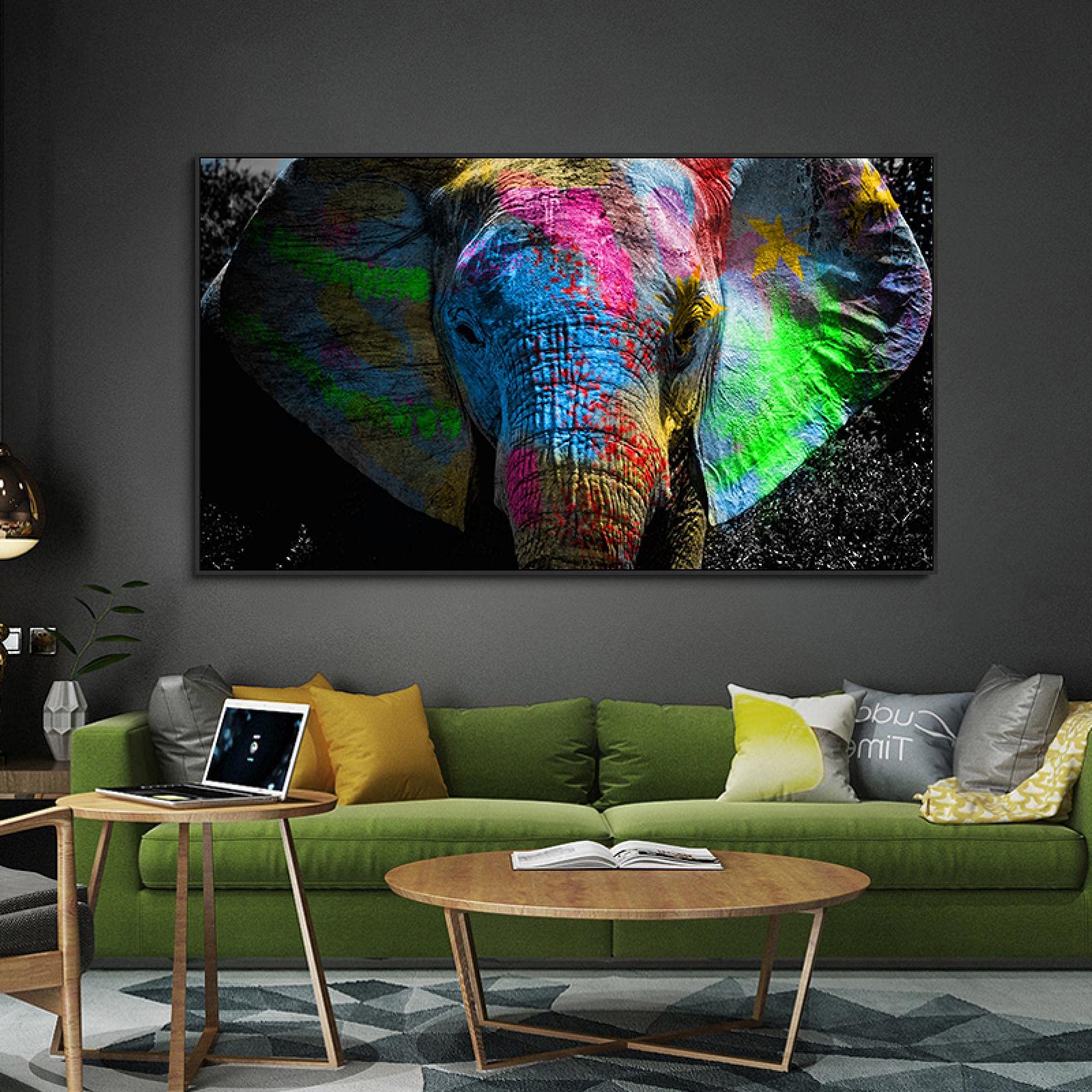 カラフルな象の絵画（フレーム付き）