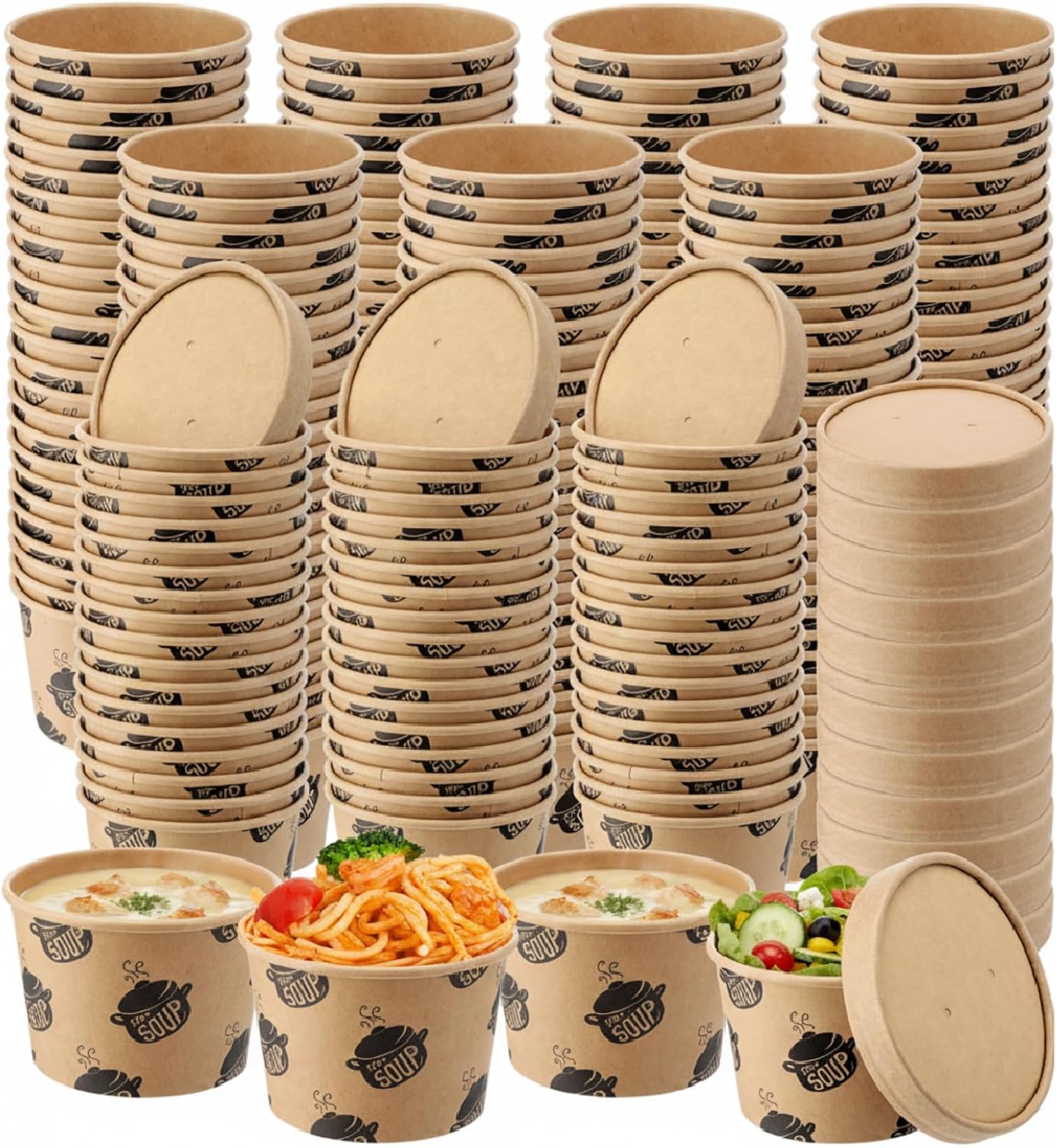 100 Pcs 8 oz Paper Soup Containers with Lids Disposable Kraft Paper Food Container Hot and Cold Soup Bowls for Ice Cream Yogurt Restaurant Party Picnic