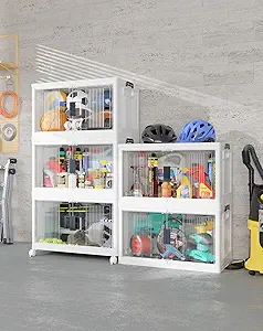 OlarHike 97QT Stackable Storage Bins with Lids - Folding Storage Box with Doors and Wheels, Collapsible Plastic Storage Drawers for Closets, 5 Pack Cubes