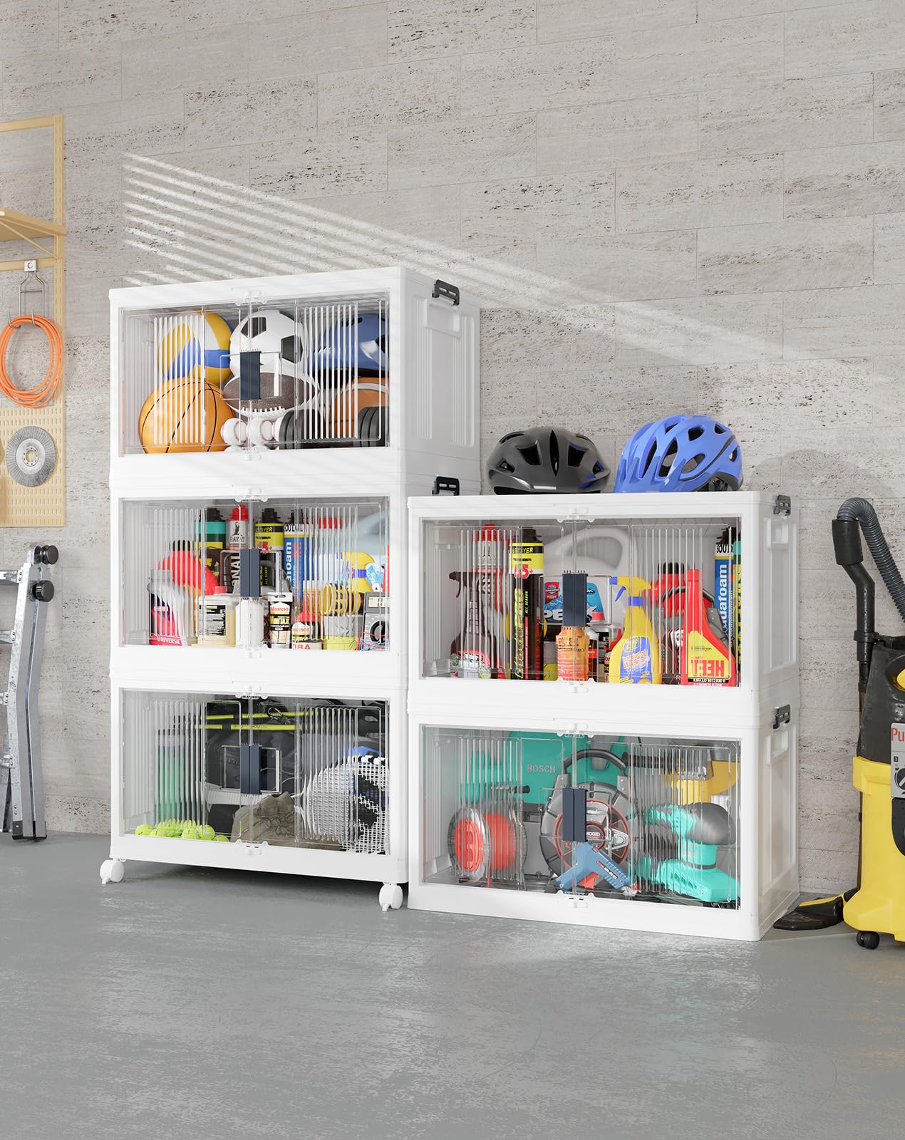 - OlarHike 97QT Stackable Storage Bins with Lids - Folding Storage Box with Doors and Wheels, Collapsible Plastic Storage Drawers for Closets, 5 Pack Cubes