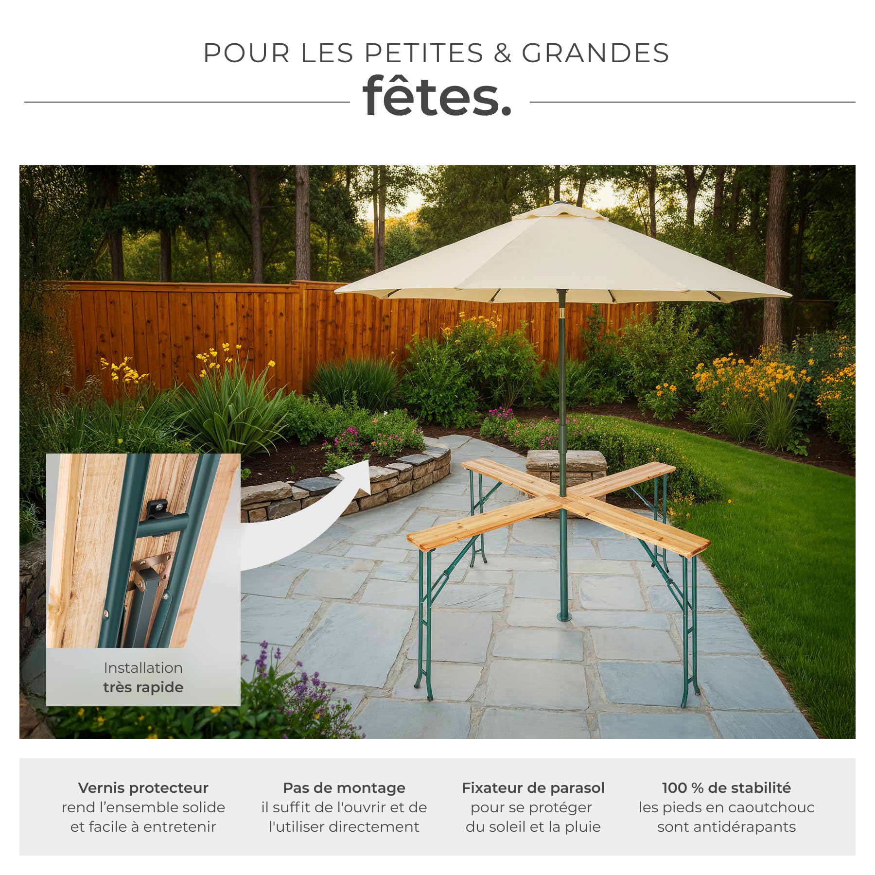 tectake® Table Haute Mange Debout Pliable en Bois & Acier laqué 241x241x103cm Table de Bar avec Porte Parasol, pour jusqu'à 20 Personnes, Réception Mariage Anniversaire Fête de Jardin