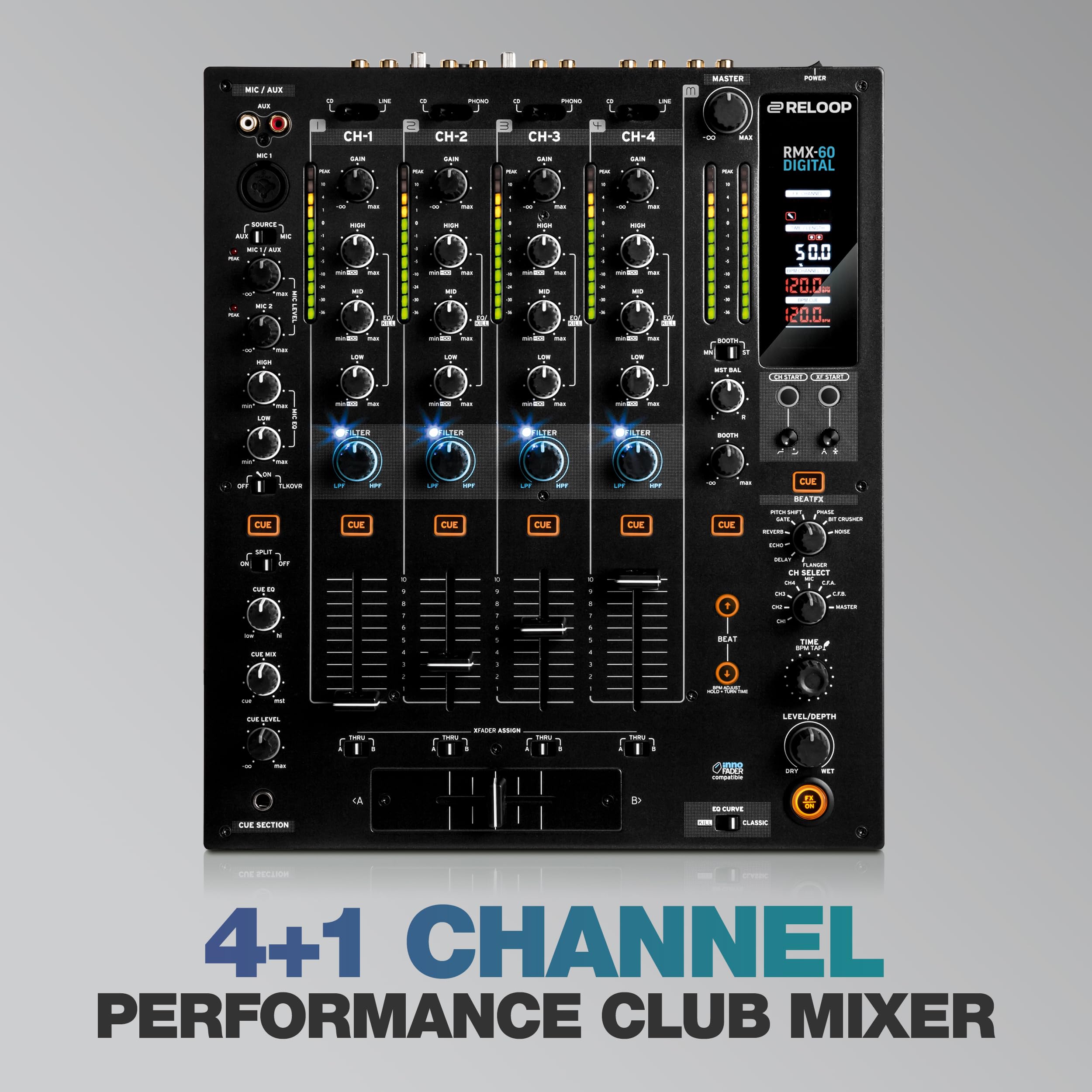 Reloop RMX-60 Digital - Mixer Club Classico A 4+1 Canali Con 8 Effetti In Qualità Studio, Compatibile InnoFader, Fader & Crossfader-Start E Regolazione Della Curva, Nero