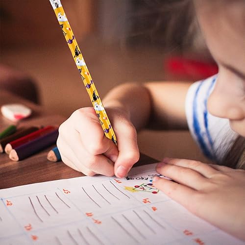 Miniatura 5 de Outus 50 lápices de Halloween a granel para niños con borradores, fantasma, calabaza, gato negro, araña, patrones surtidos de madera, lápices