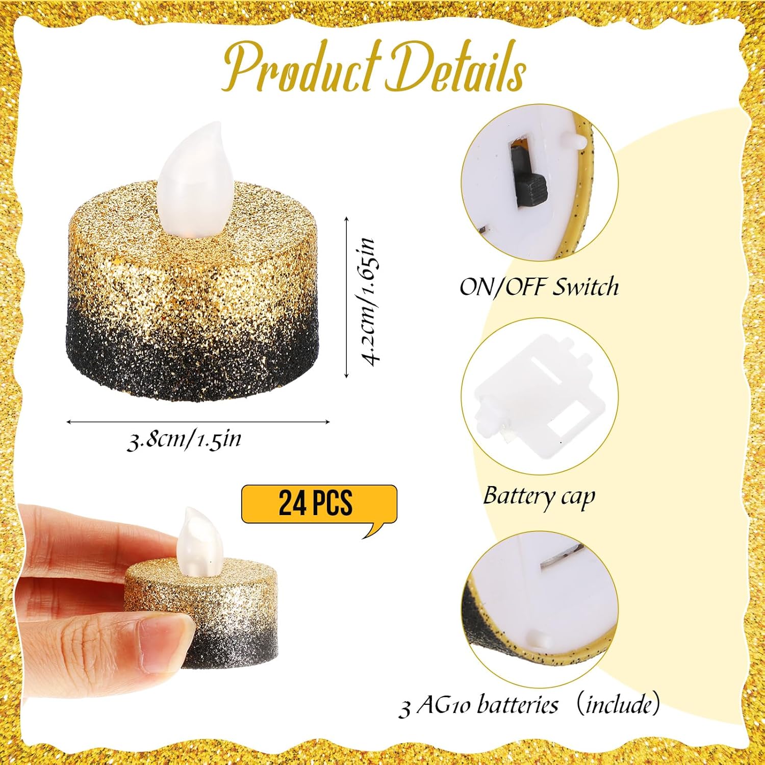 Rossesay 24 Pcs Flameless LED Tea Lights Gold Black Glitter Flickering Fake LED Candles Tealights Battery Operated Romantic Anniversary Decorations Winter Decor for Valentines Wedding Christmas Party