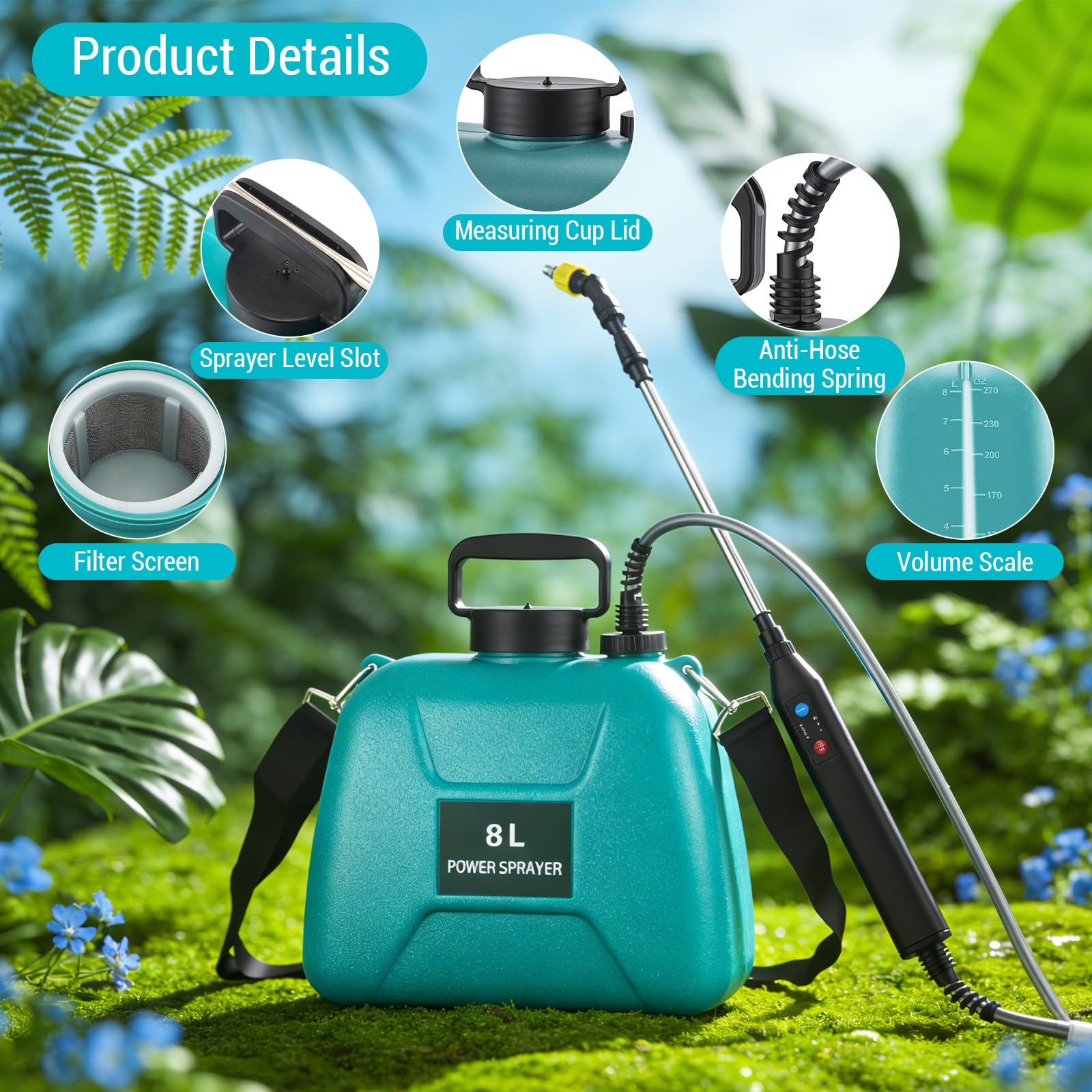 Spruzzatore Elettrico 8L con 3 Ugelli Regolabili, Pompa Irroratrice a Batteria per Giardino Cortile Prato, Ricaricabile Nebulizzatore Giardino 60cm Bacchetta Retrattile