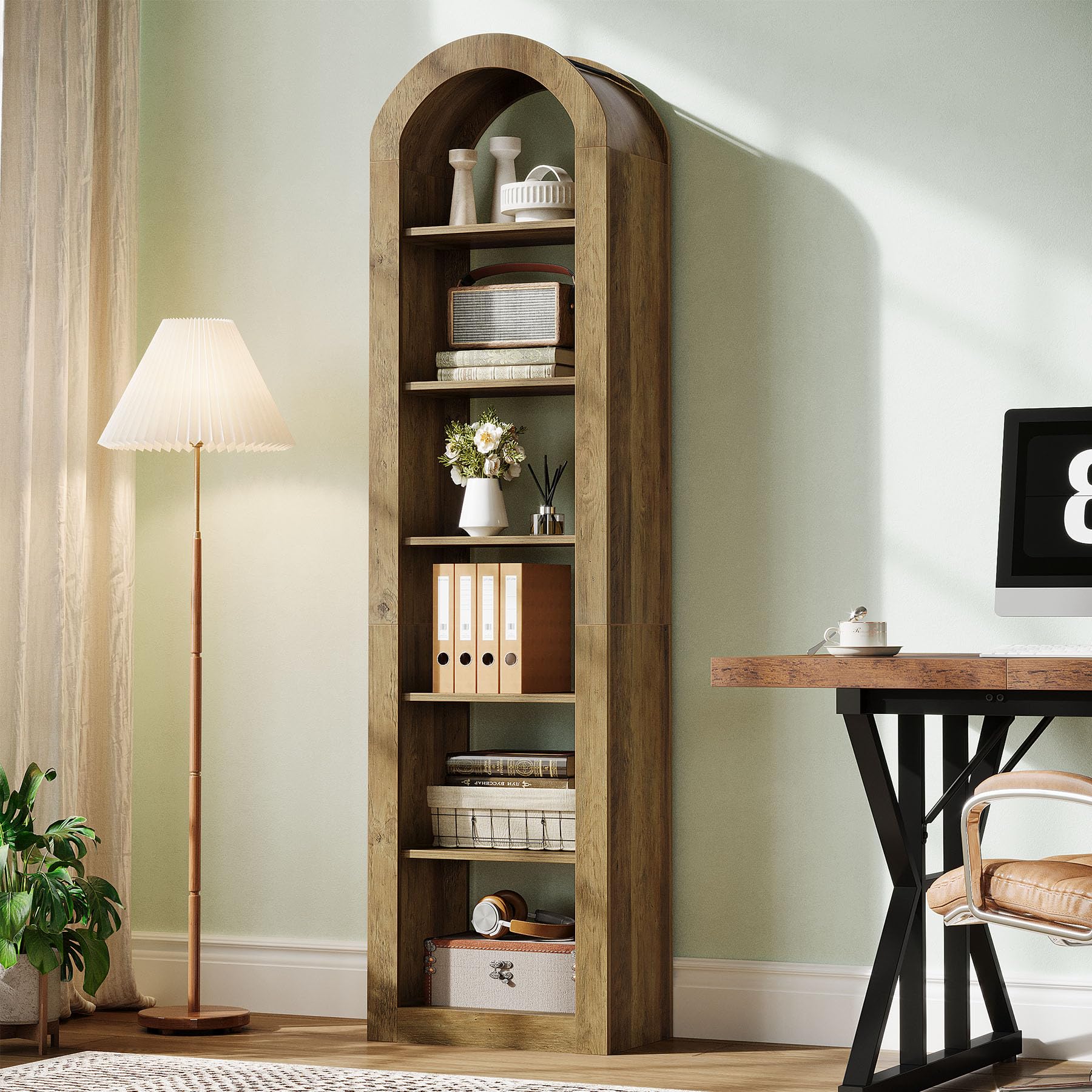tribesigns 74.8" tall arched bookshelf, 6-tier narrow open bookcase, floor standing corner display shelves storage organizer for small space, home office, living room (rustic brown, 1 pc)