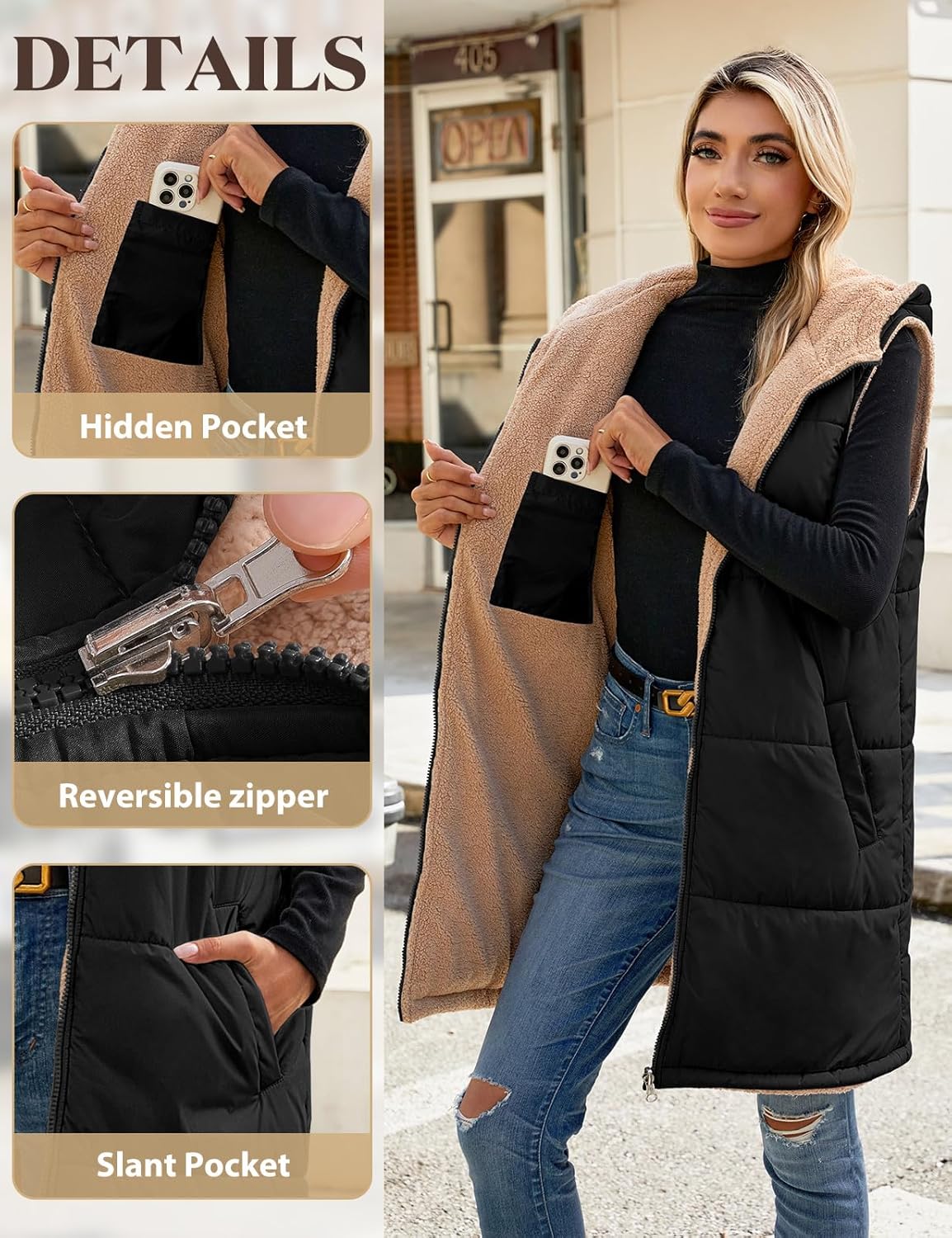 Womens Fall Reversible Vests Sleeveless Fleece Hoodie Jacket Zip Up Winter Warm Hooded Long Coat Outerwear with Pockets - Image 4
