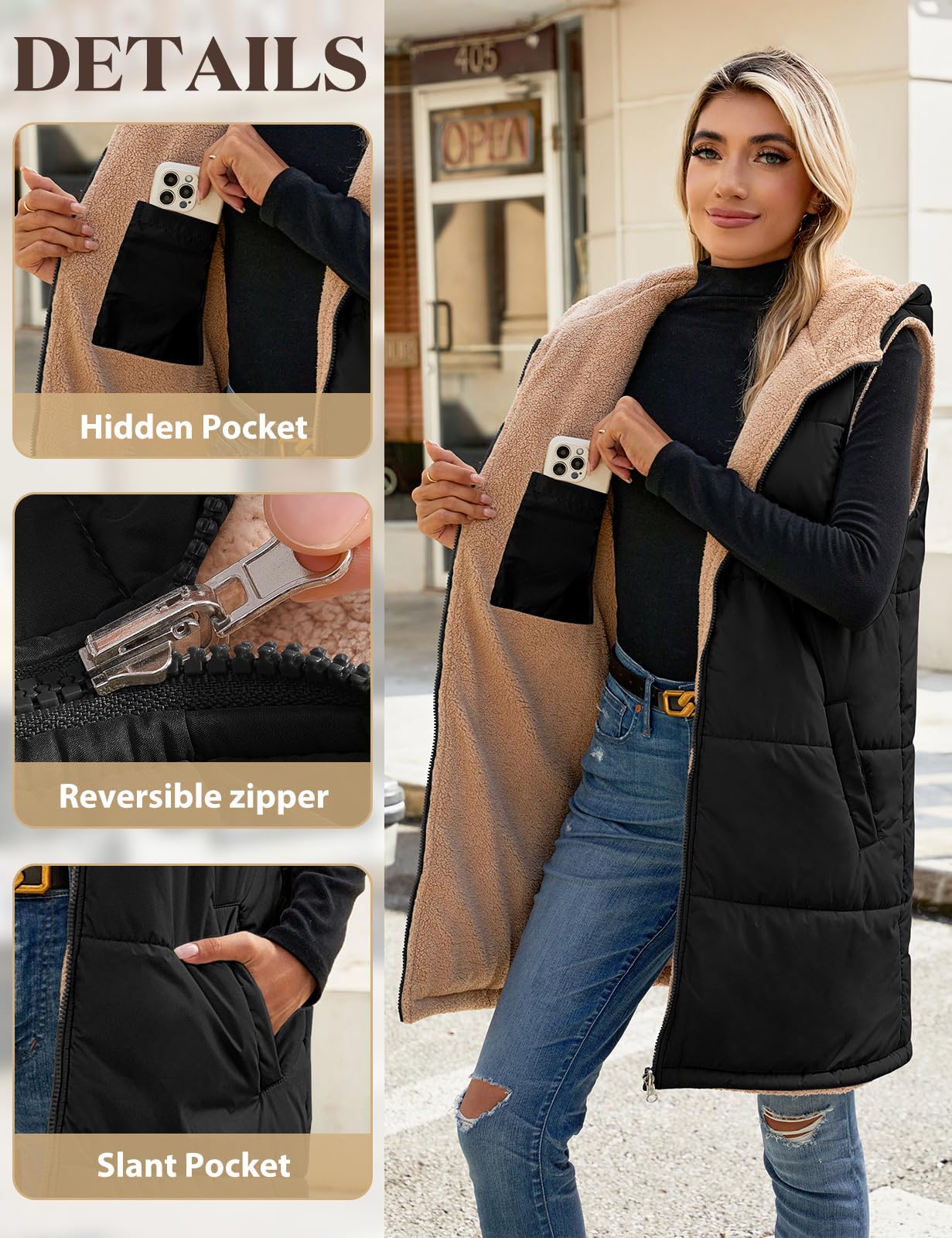 Tuopuda Gilet Donna Lungo in Pile, Smanicato Invernale con Cappuccio, Cappotto Senza Maniche Termico Giubbotto Imbottito Giacca con Cerniera e Tasche
