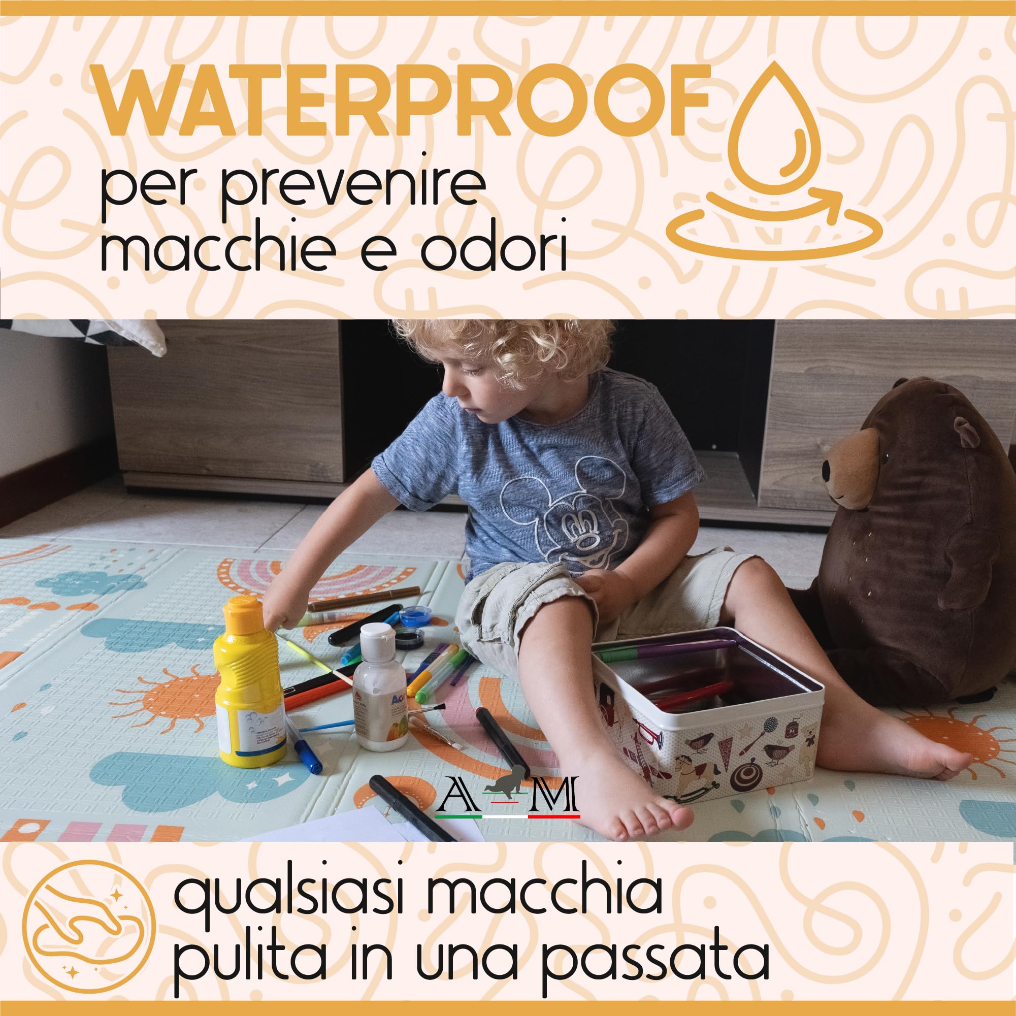 A&M Italia Tappeto Gioco Bambini Pieghevole 200x150cm con Borsa da Trasporto - Tappetino Gattonamento Neonato Sensoriale, Antiscivolo e Impermeabile