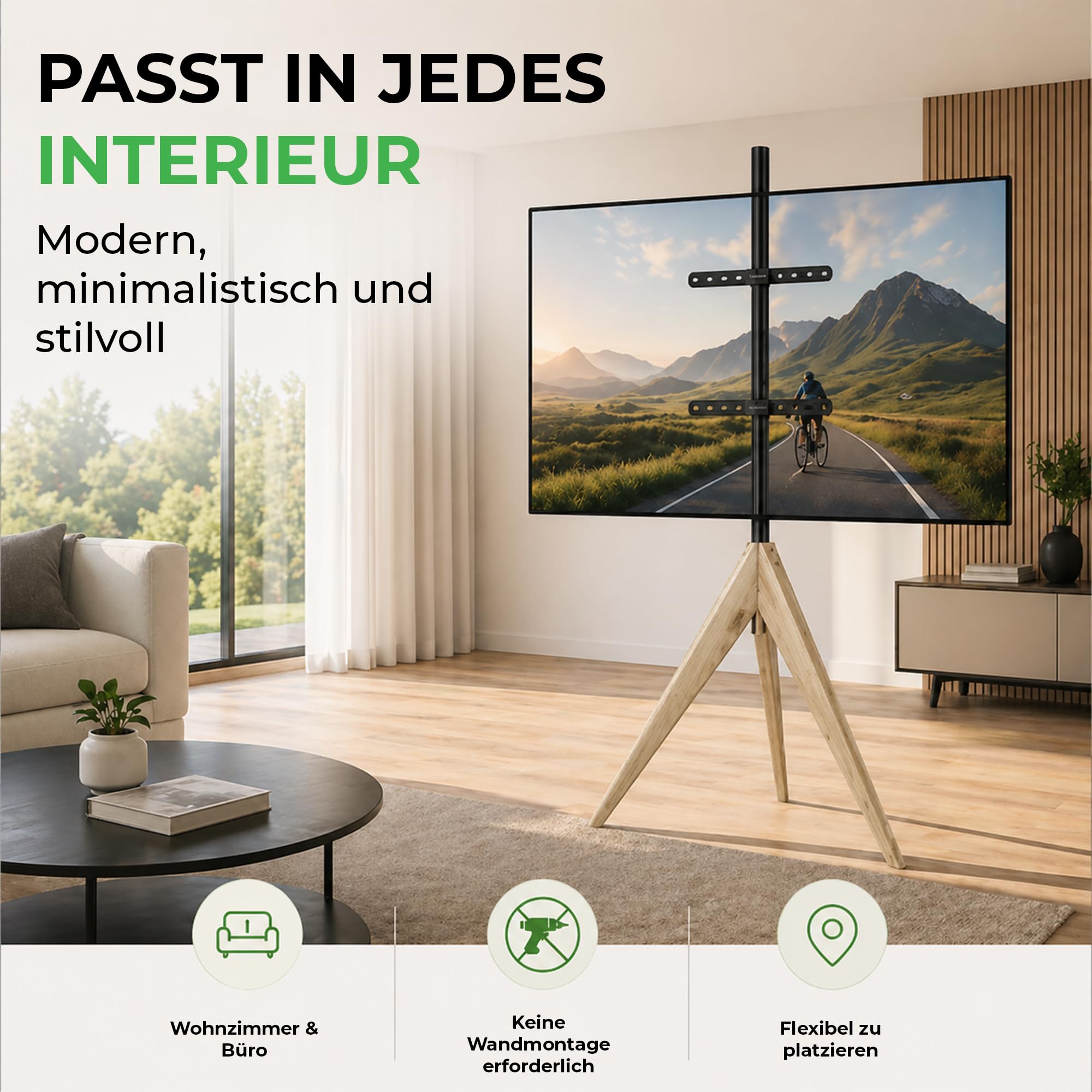 Argo Tripod TV Ständer, Höhe bis 140 cm, Drehbar 360 Grad, für TV ca. 26-65 Zoll, bis 40 kg, max. VESA 400x400mm, TV-Standfuss gealterte Eiche