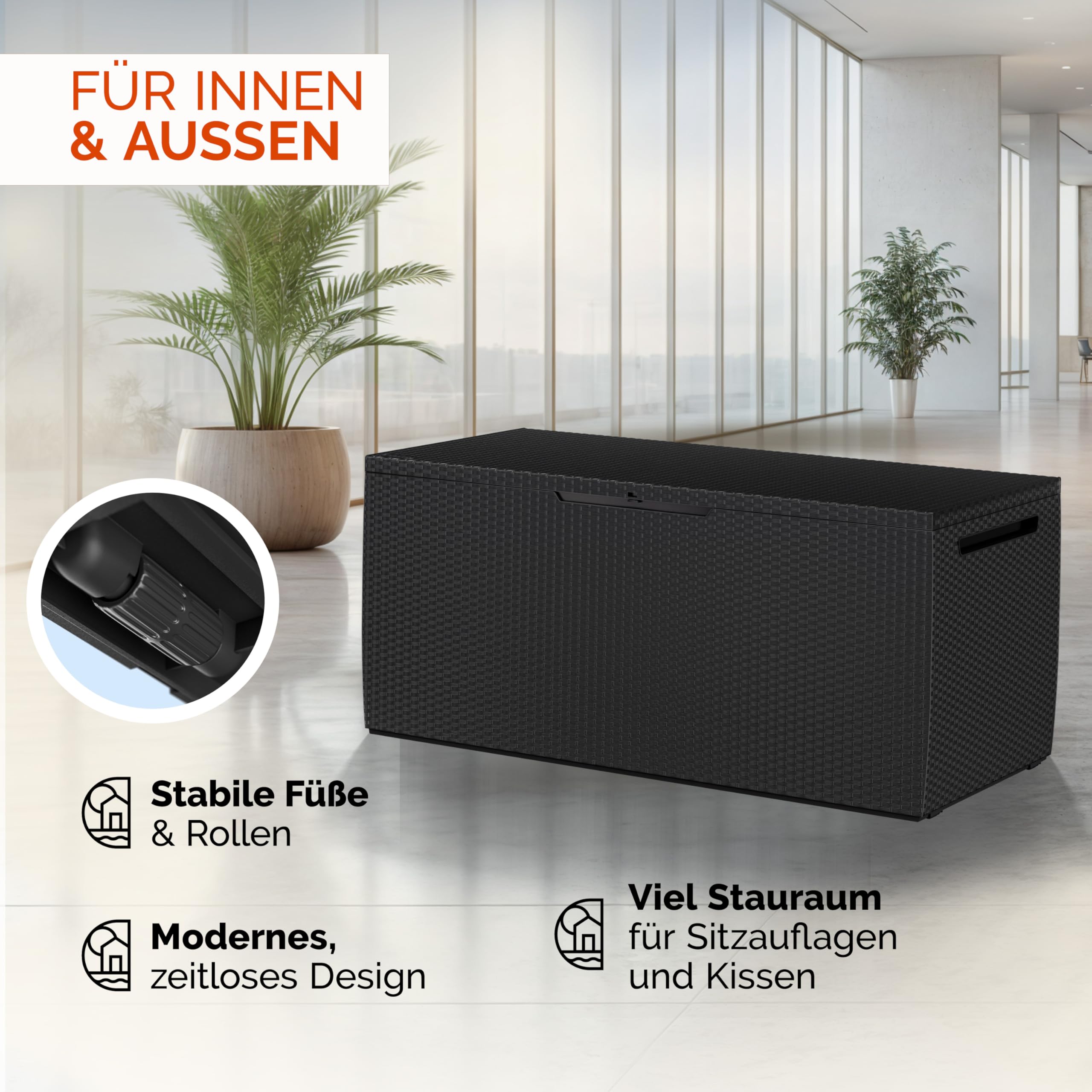 Deuba® Gartenbox 310L UV-beständig Haltegriffe Rollen Verschlussvorrichtung Balkon Wohnzimmer Wintergarten Kissenbox 123x53cm Rattan-Optik Anthrazit