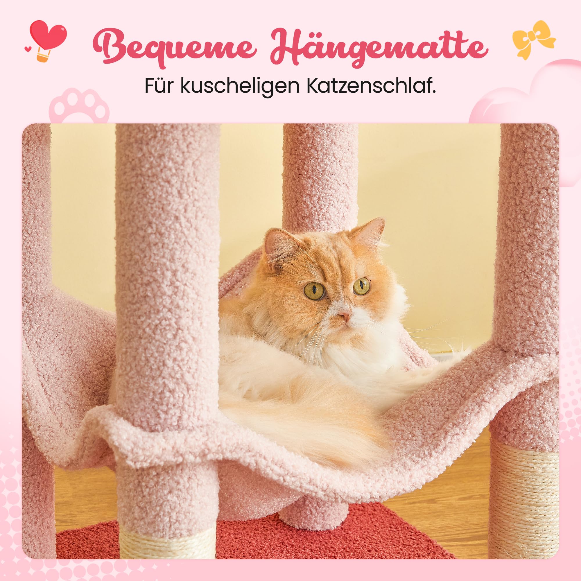 Rosa Kratzbaum, 163 cm Mehr-Ebenen-Turm für Wohnungskatzen mit Sisal-Kratzpfosten, gepolsterter Liegefläche, gemütlicher Hängematte und Spielzeug zum Jagen