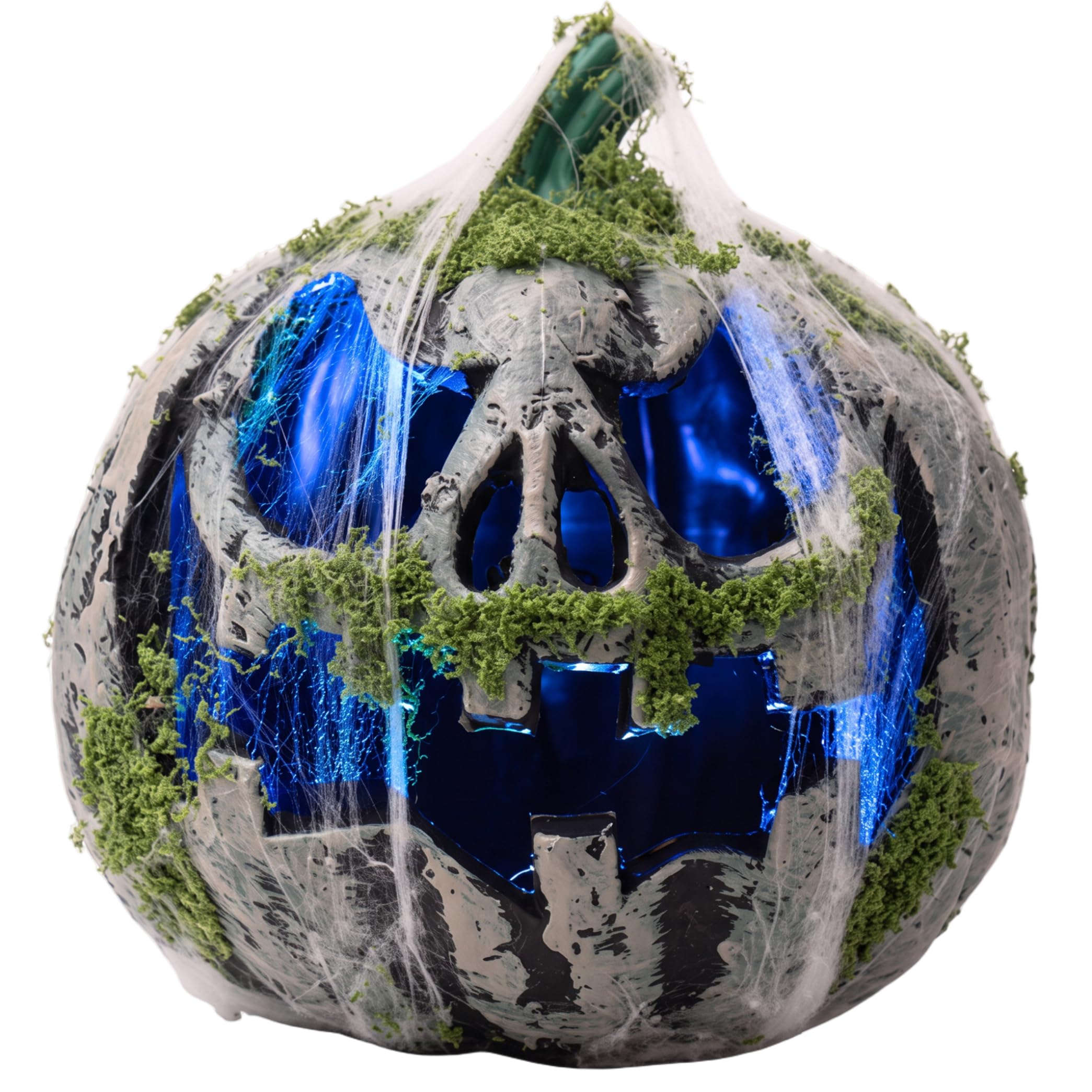 Decorazioni con zucche di Halloween, muschio illuminato e rete Jackolantern