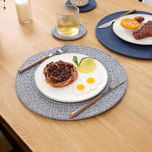 Miniatura 2 de SHACOS Juego de 6 manteles individuales redondos tejidos de cuerda de algodón con posavasos, manteles individuales para mesa de cocina de 13