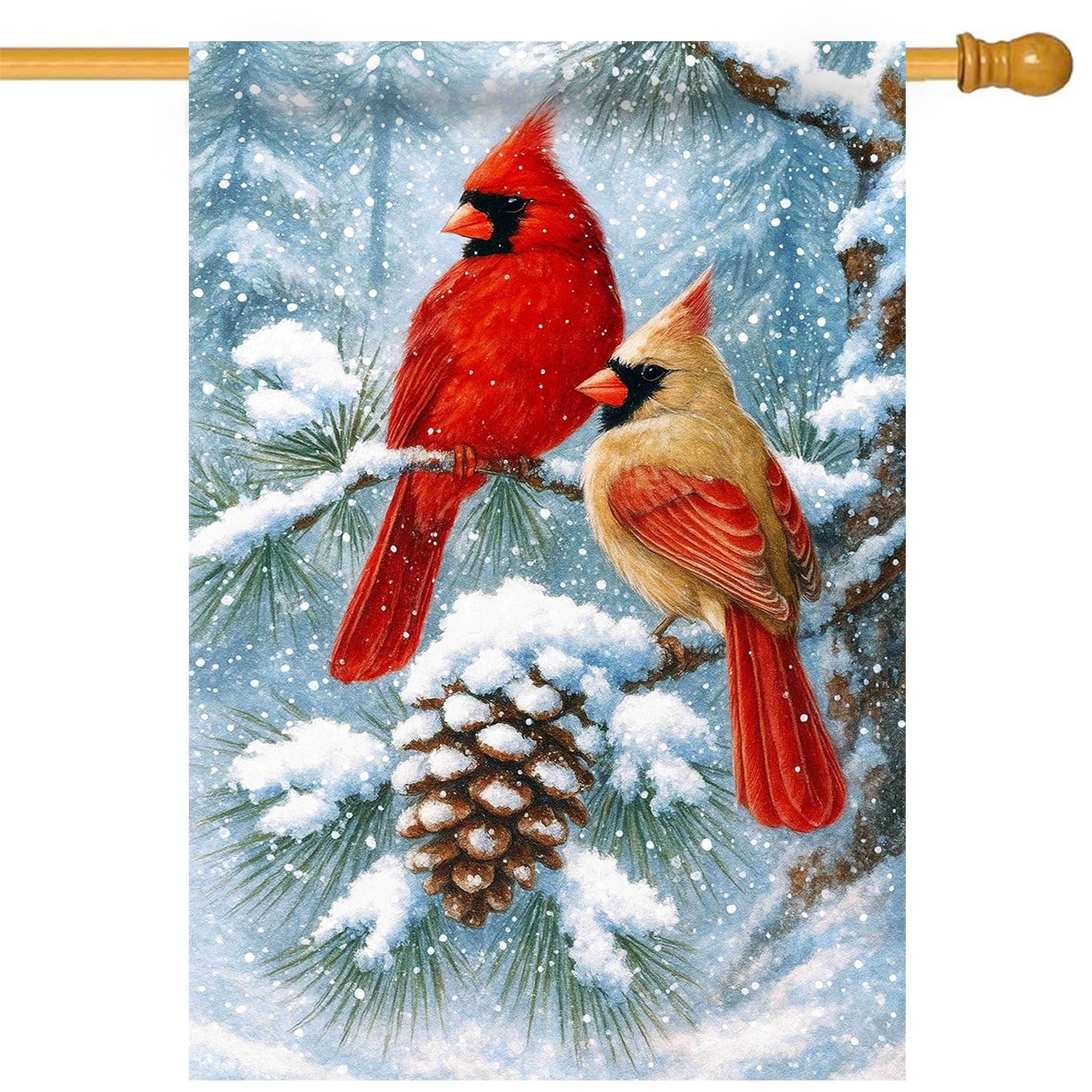 Bandera de jardín de invierno con cardenal y pino Welcomes de doble cara 28x40 pulgadas