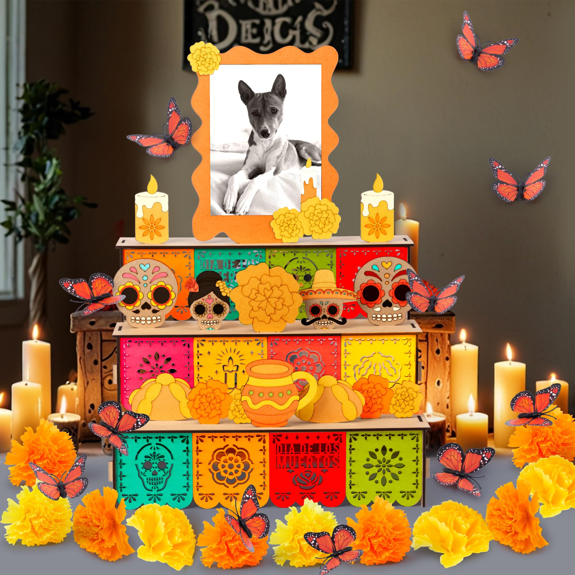 COcnny Ołtarz Day of The Dead Ofrenda – 37 szt. drewnianych ramek na zdjęcia zestaw ramek na zdjęcia do dekoracji ołtarza Dia De Los Muertos, nagietka, kwiat, motyl, dekoracja stołu, dekoracja na