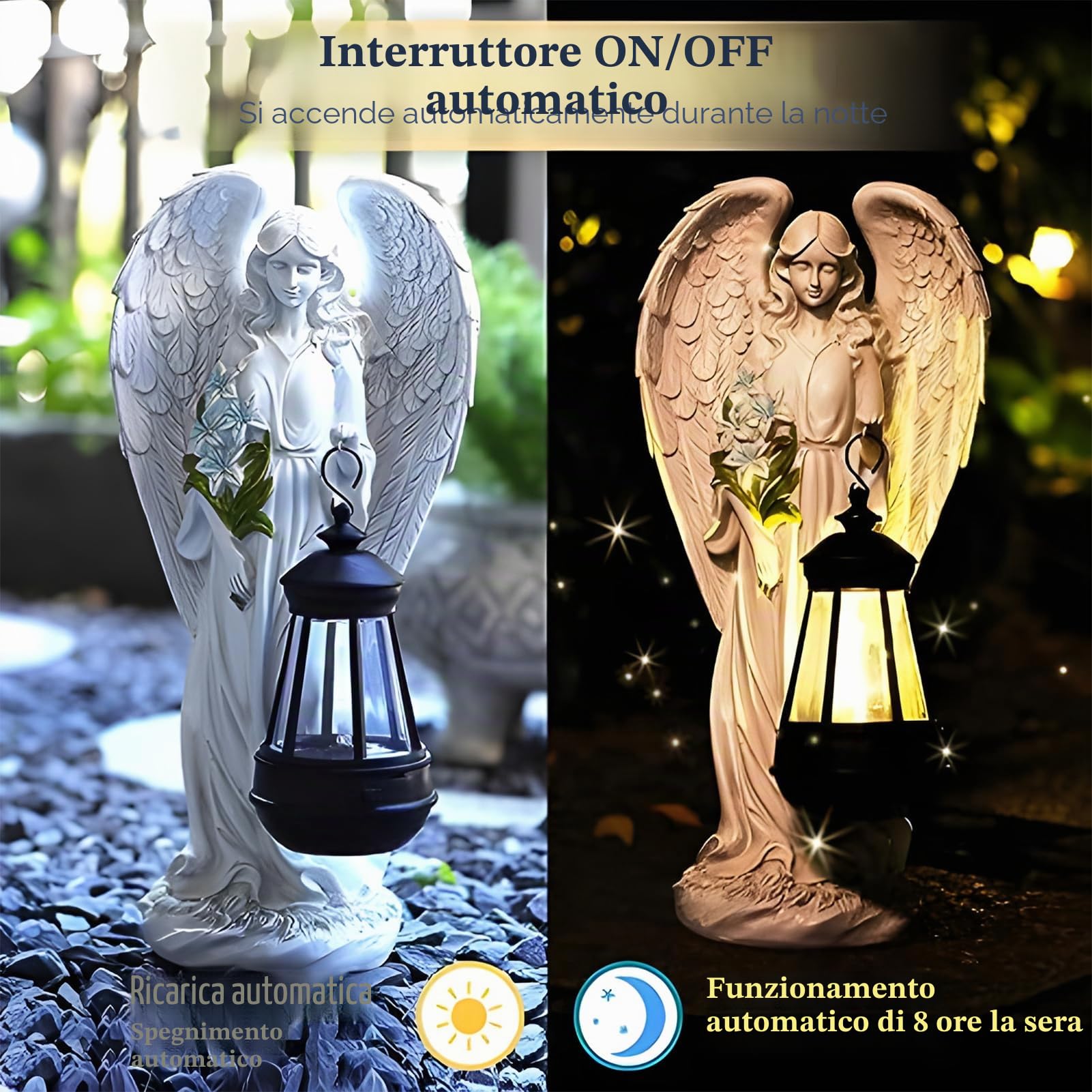 Statue da giardino a forma di angelo custode con lanterna solare a LED, decorazione per esterni, resistente alle intemperie, per cimitero, scultura d'angelo, giardino, terrazza, davanzale, 33