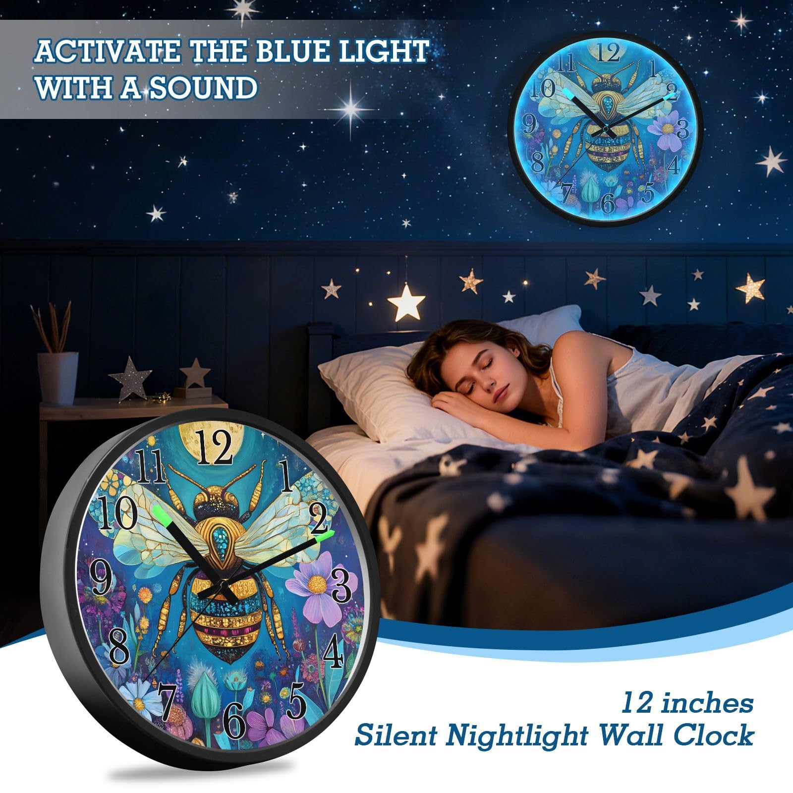 Mnsruu Reloj de pared luminoso con diseño de abeja y luna y flores, funciona con pilas, silencioso, brilla en la oscuridad, para sala de estar, cocina, 12 pulgadas
