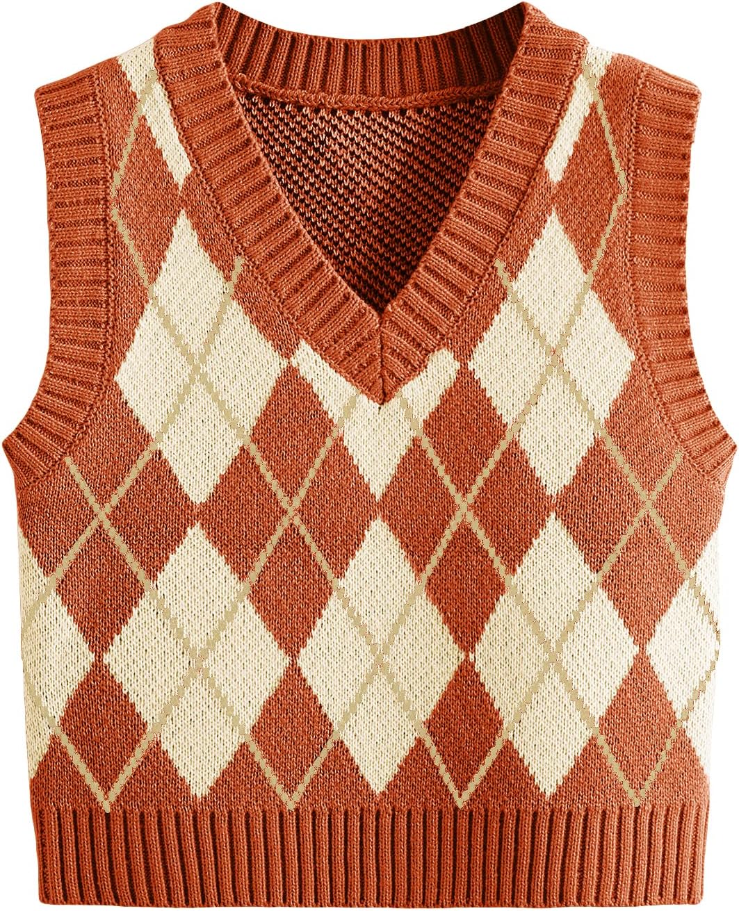 SweatyRocks Women's Plaid Geo Sleeveless V Neck Knit Crop Top Sweater Vest Large Orange White