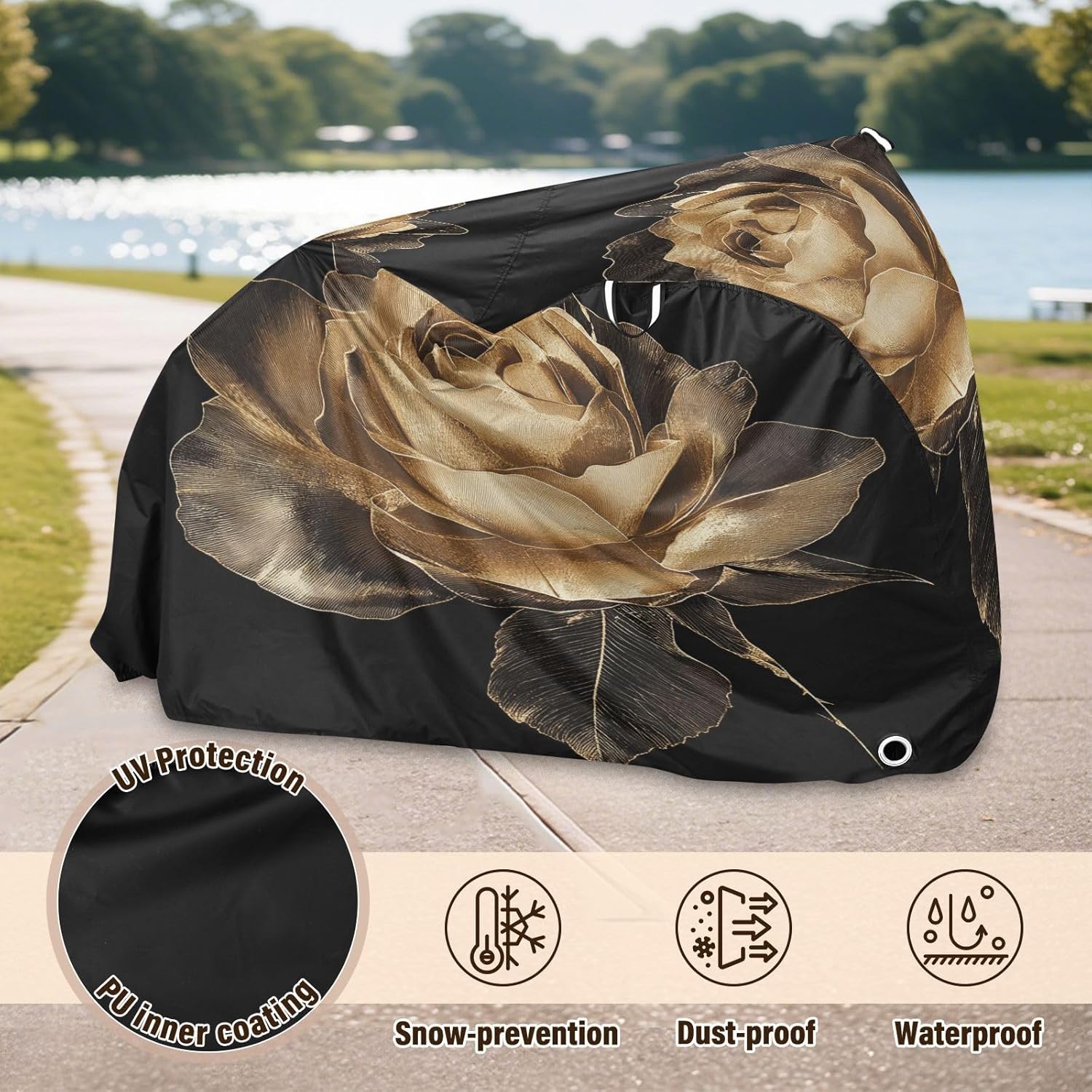ALAZA Crystal Gold Rose Flower Bike Cover Waterproof Outdoor Ebike Bicycle Covers Tarp Protection for 1/2 Bikes, Sun UV Dust Wind Proof