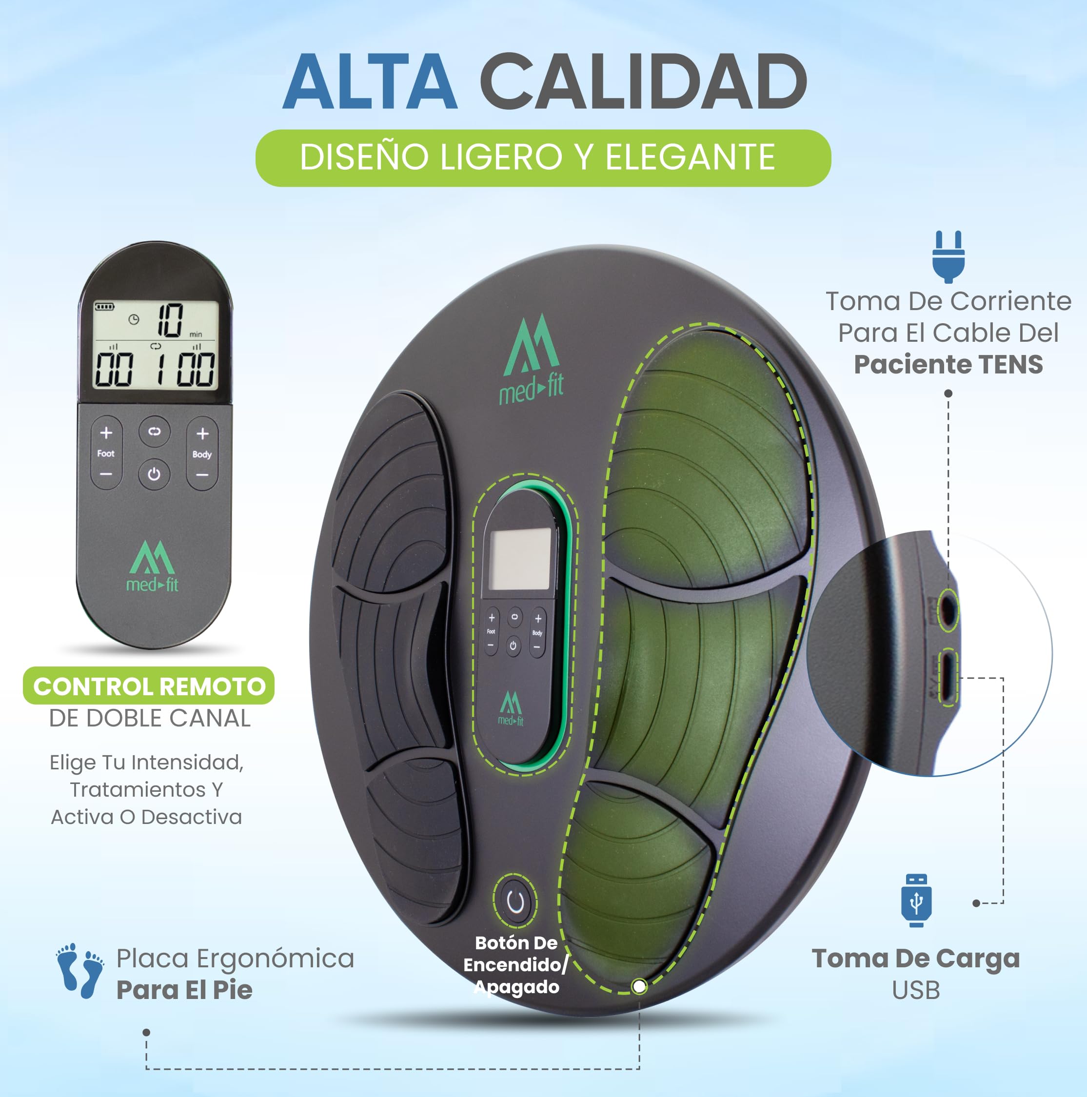Máquina de circulación para pies Med-Fit Medi-Boost EMS y TENS | Alivia el dolor de piernas, los tobillos hinchados y la neuropatía | 18 programas, mando a distancia de doble canal | Almohadillas para