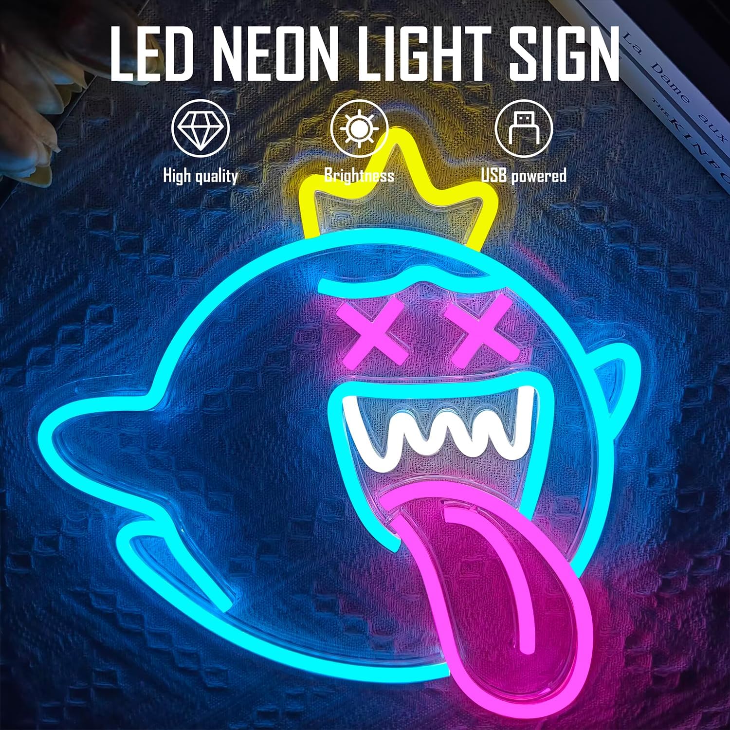 King Boo Neon Sign Dimmable Ghost Face Neon Light for Wall Decor Gamer Light Up Sign King Boo Neon Light for Bedroom Gaming Room Window Led Ice Blue Light Up Sign for Christmas Birthday Gifts Decoration - Image 5