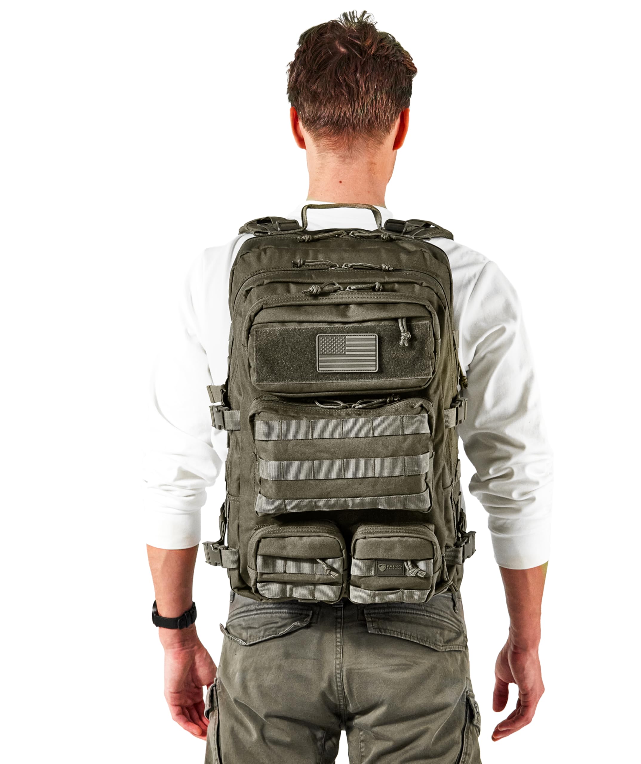 Falko, Zaino tattico per uomo e donna, 50 litri, 2,4 volte più resistente, grande zaino militare Molle, zaino di sopravvivenza per attività all'aperto, Ranger Green, Large