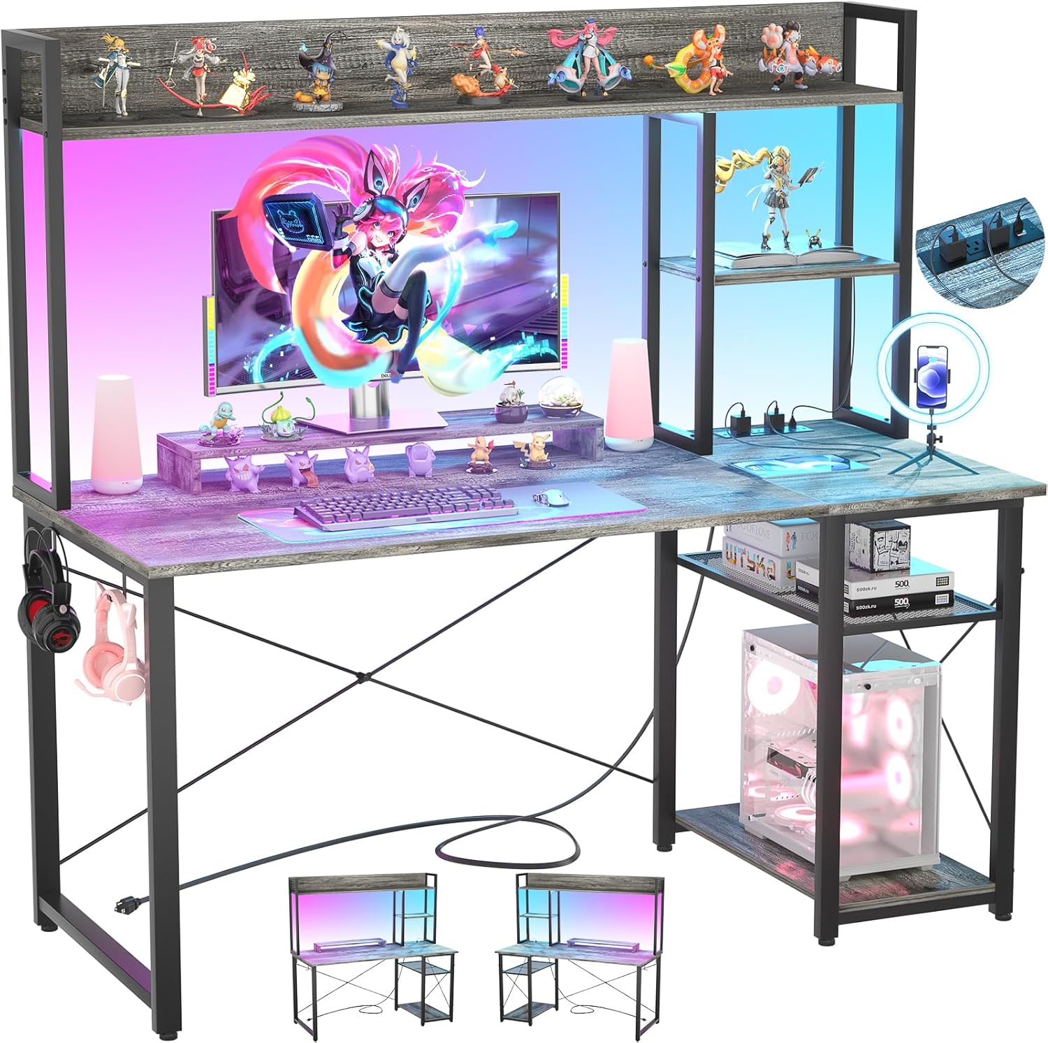 Cyclysio Gaming Desk with Hutch, 39'' Computer Desk with LED Lights & Power Outlets, Home Office Desk with Reversible 5 Tiers Storage Shelves & Monitor Stand, Small Gaming Table for Small Space, Black