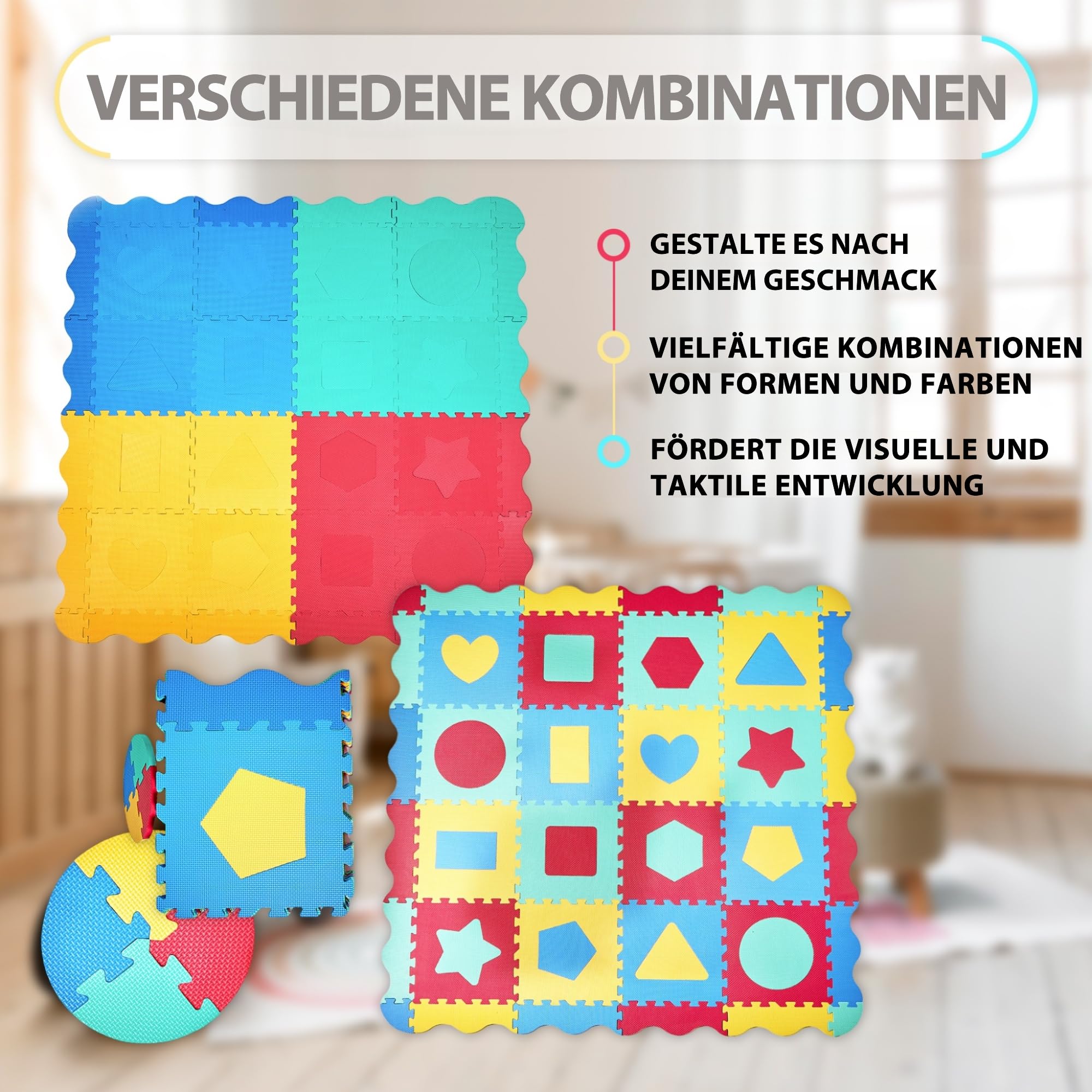 Puzzlematte Baby Eva-Schaumstoff 140x140 cm – Krabbelmatte 1,2 cm Dicke mit 36 Austauschbaren Teilen, Randstücken und Aufbewahrungstasche | Baby Spielmatte rutschfest