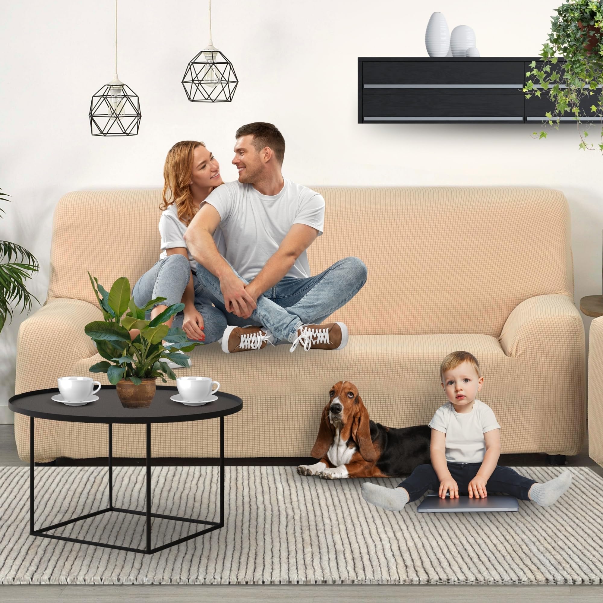 LAN&LAN - Funda Sofa, 4 plazas, Funda Sofá Elástico y Ajustable, Funda de Sofa Cómoda y Lavable, Cubre Sofá Que Previene Manchas de Niños y Pelos de Mascotas (Marfil)