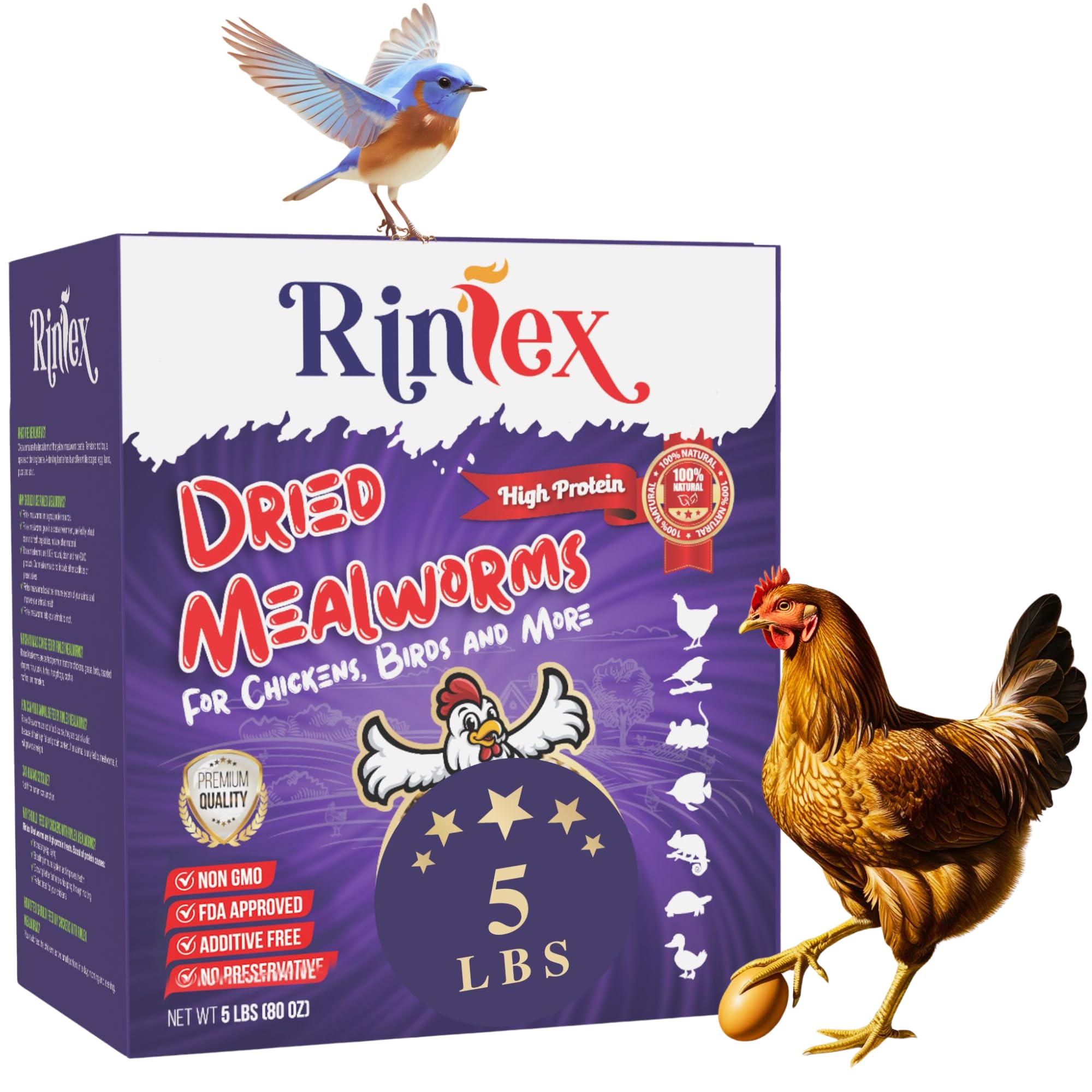 rinlex Dried Mealworms 5 lbs - More Protein Than Black Soldier Fly Larvae for Chickens (BSFL) - Wild Bird Seed for Outside Feeders - Woodpecker Food -
