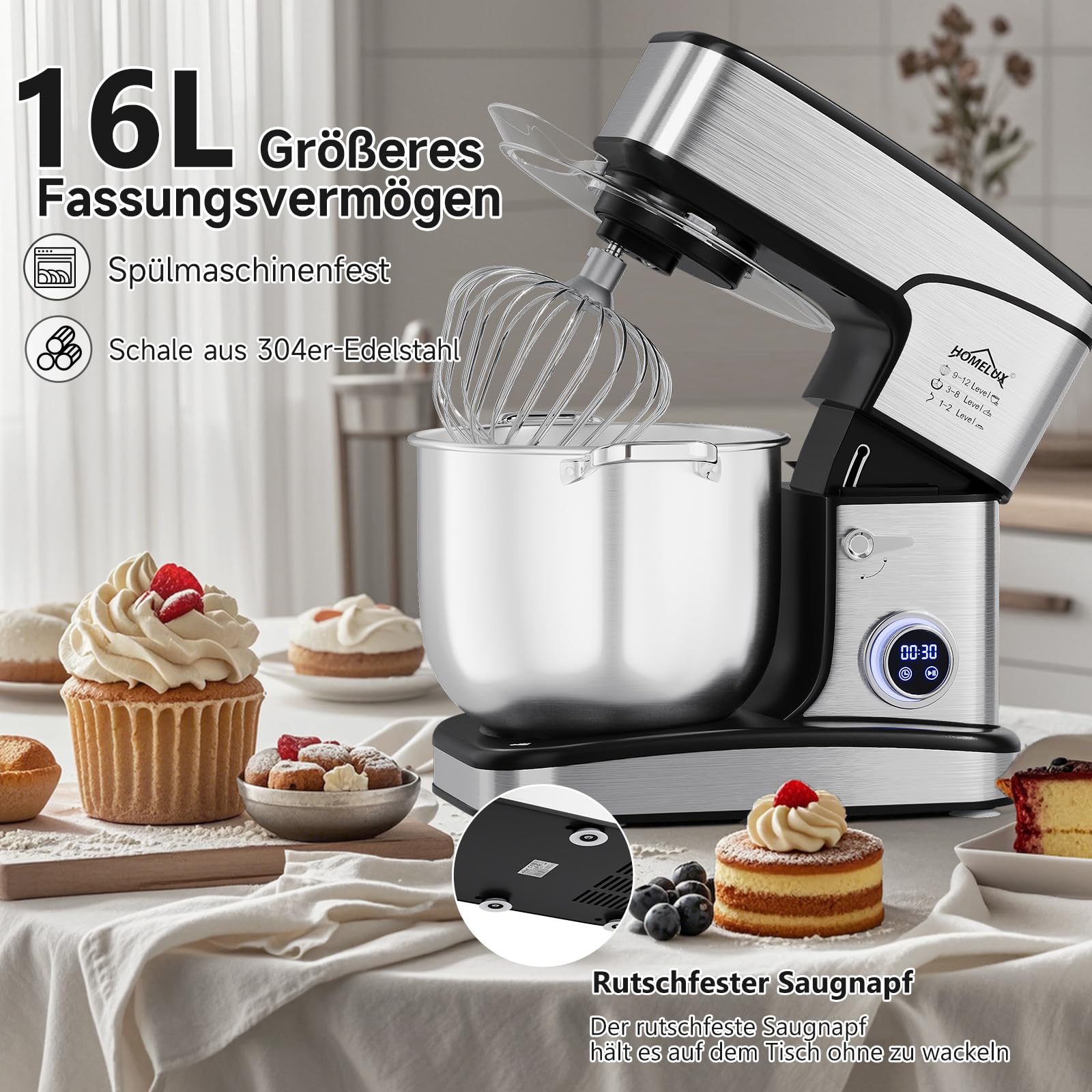 HOMELUX Küchenmaschine 2800W, Knetmaschine mit 16 Liter Edelstahl Schüssel, 12 Geschwindigkeitsstufen, LED-Touchscreen, Rührbesen, Knethaken, Schneebesen, Spatel und Spritzschutz, silberfarben