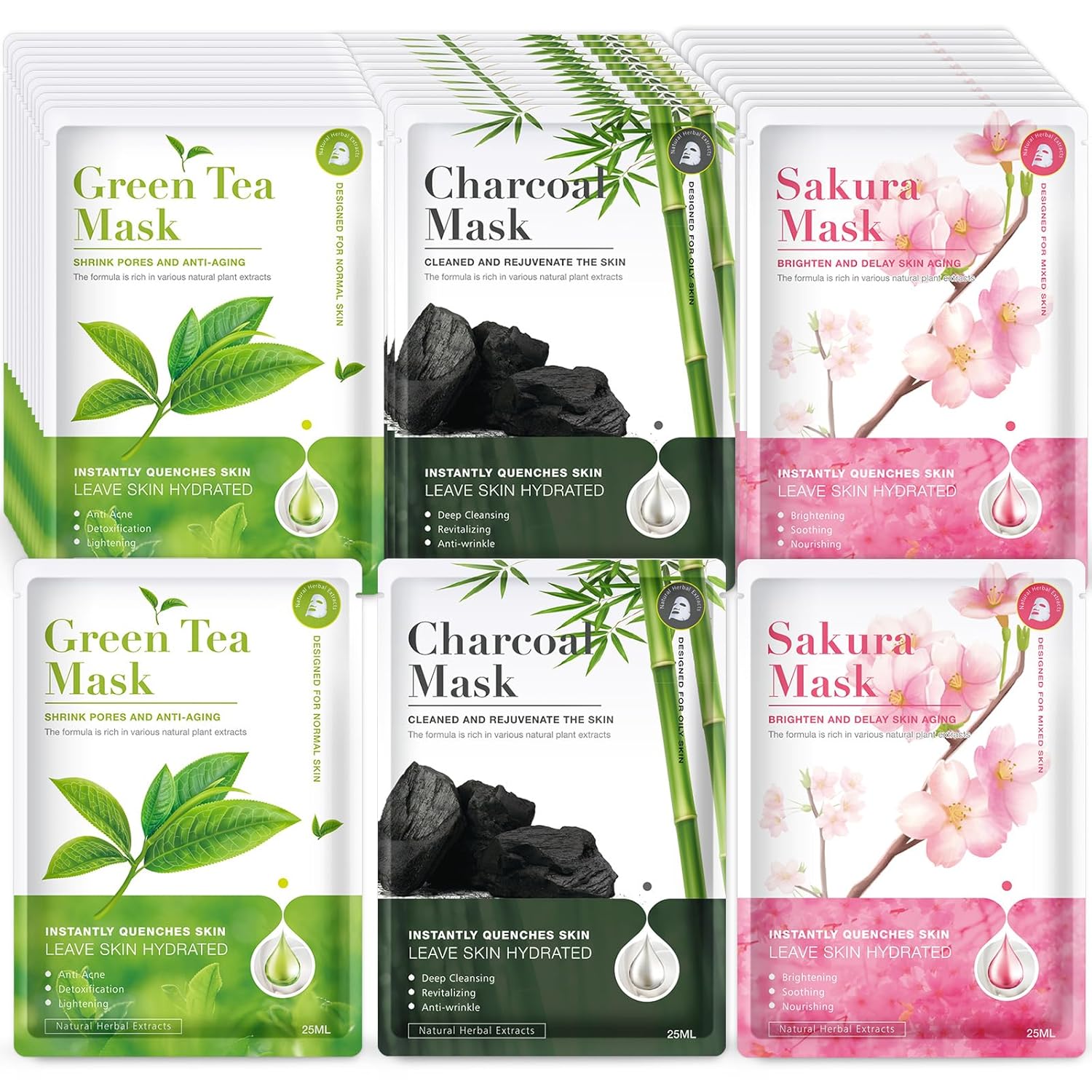 36 Pack Centella Asiatica Face Mask Set – Hydrating Face Masks with Green Tea, Sakura & Charcoal | Moisturizing Facial Masks for Women | Sensitive & All Skin Types