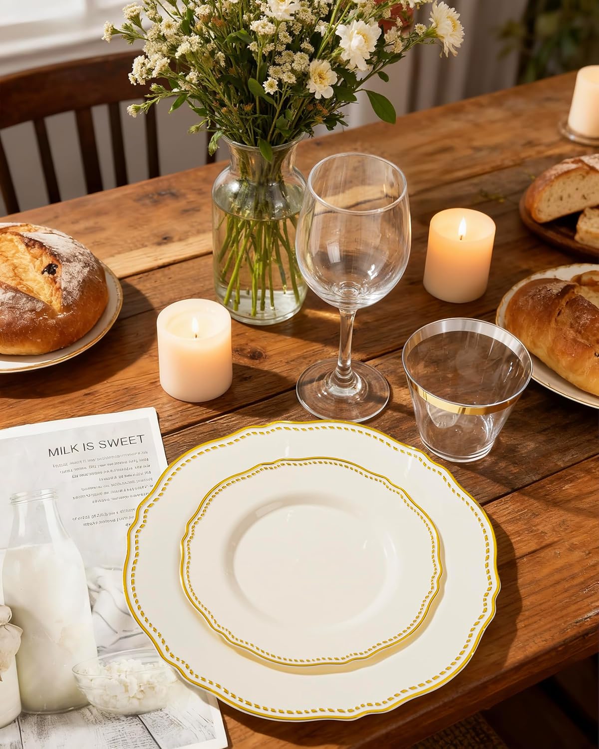 Hioasis 60pcs Ivory Plastic Plates - Ivory and Gold Disposable Dinnerware with Gold Rim, Heavy-duty, 10 inch, Dinner Plates for Party & New Year - Image 9