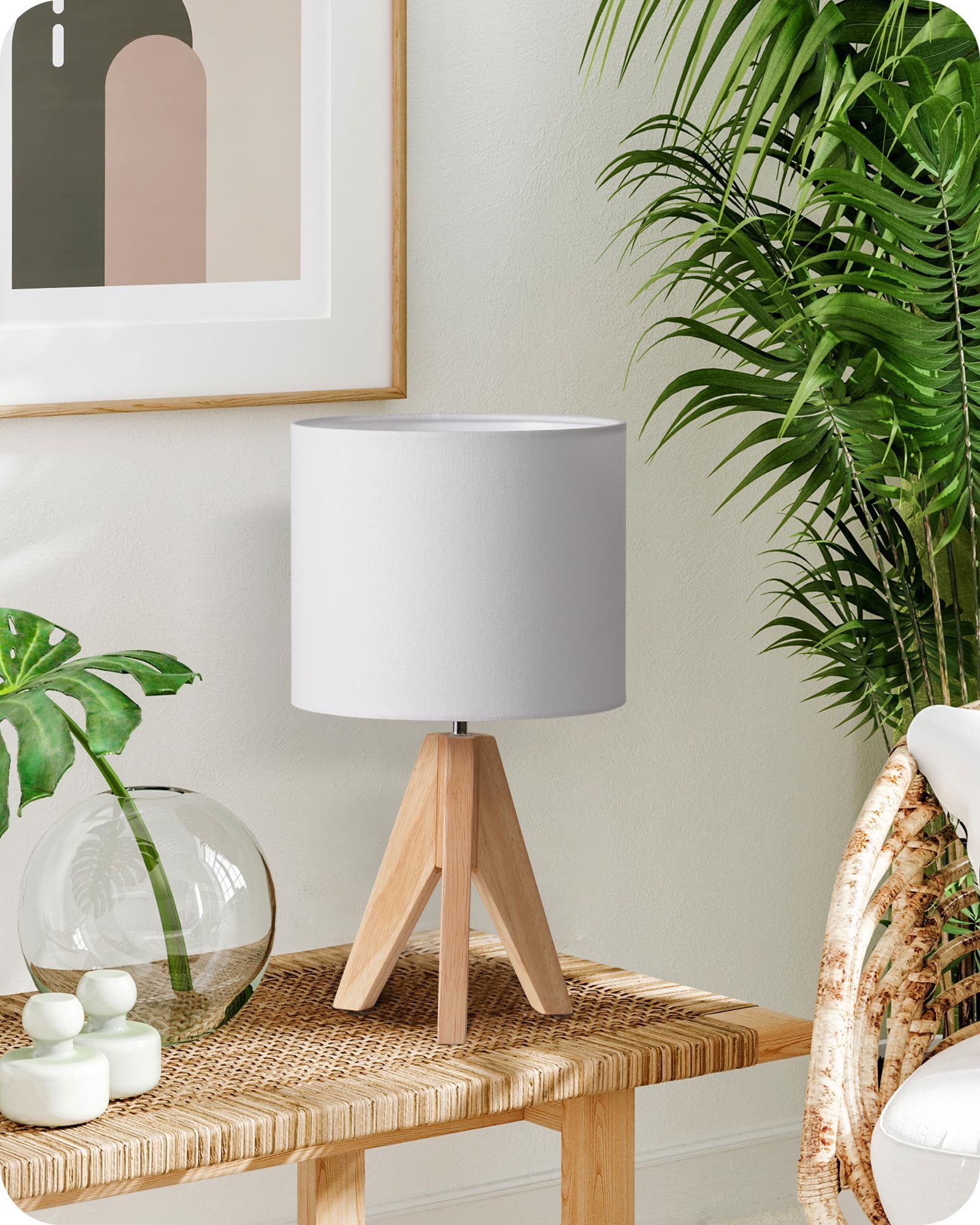 EDISHINE Nachttischlampe aus Holz, Stativ Tischlampe E27 Fassung, vintage Lampenschirm aus Leinen, weiß, für Schlafzimmer, Wohnzimmer, Geschenk