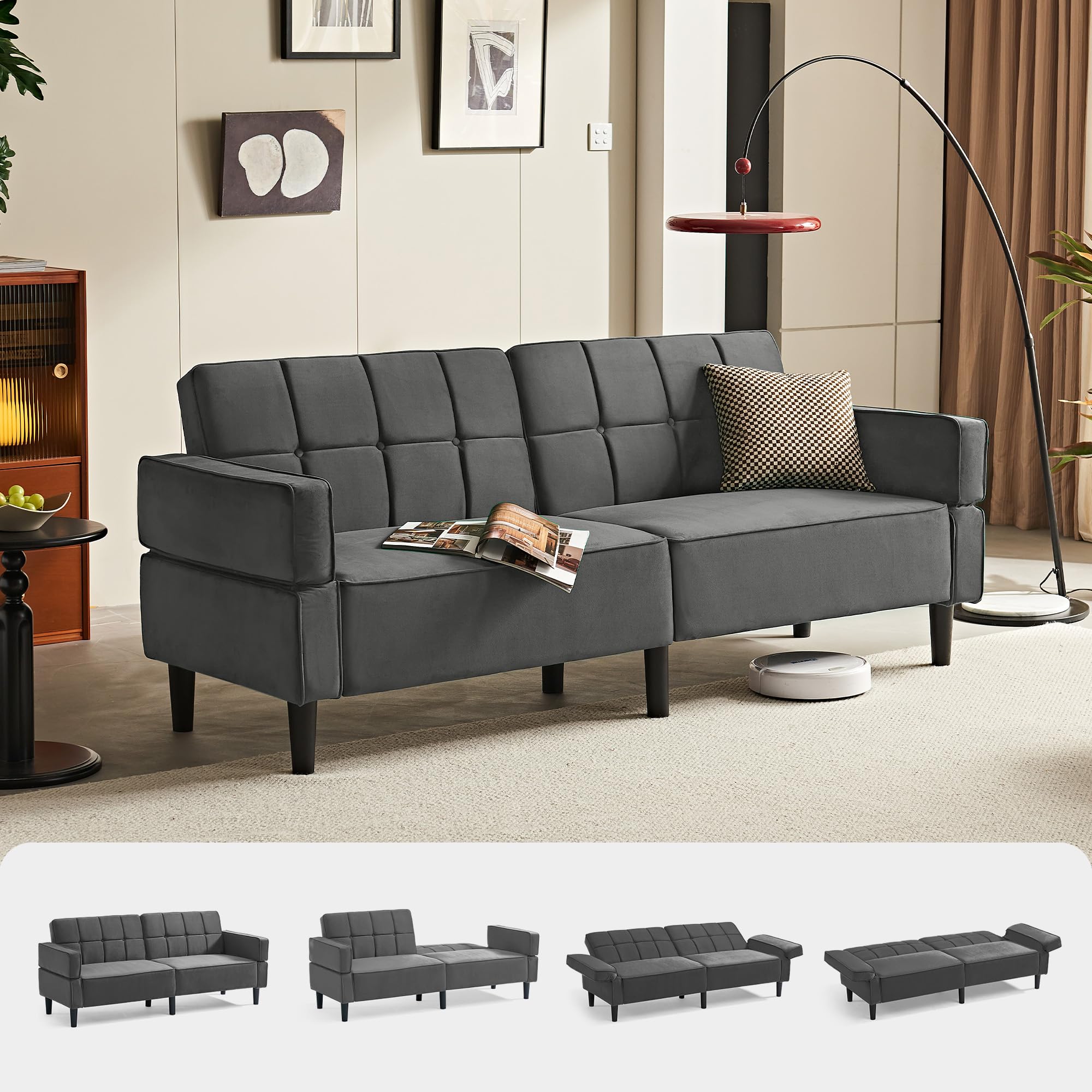 LINSY HOME Sofa mit Schlaffunktion, Klappsofa Sofa 3 Sitzer, Schlafsofa mit Verstellbarer Rückenlehne Armlehnen, 3 Sitzer Sofa mit Bettfunktion aus Samtstoff (Grau)