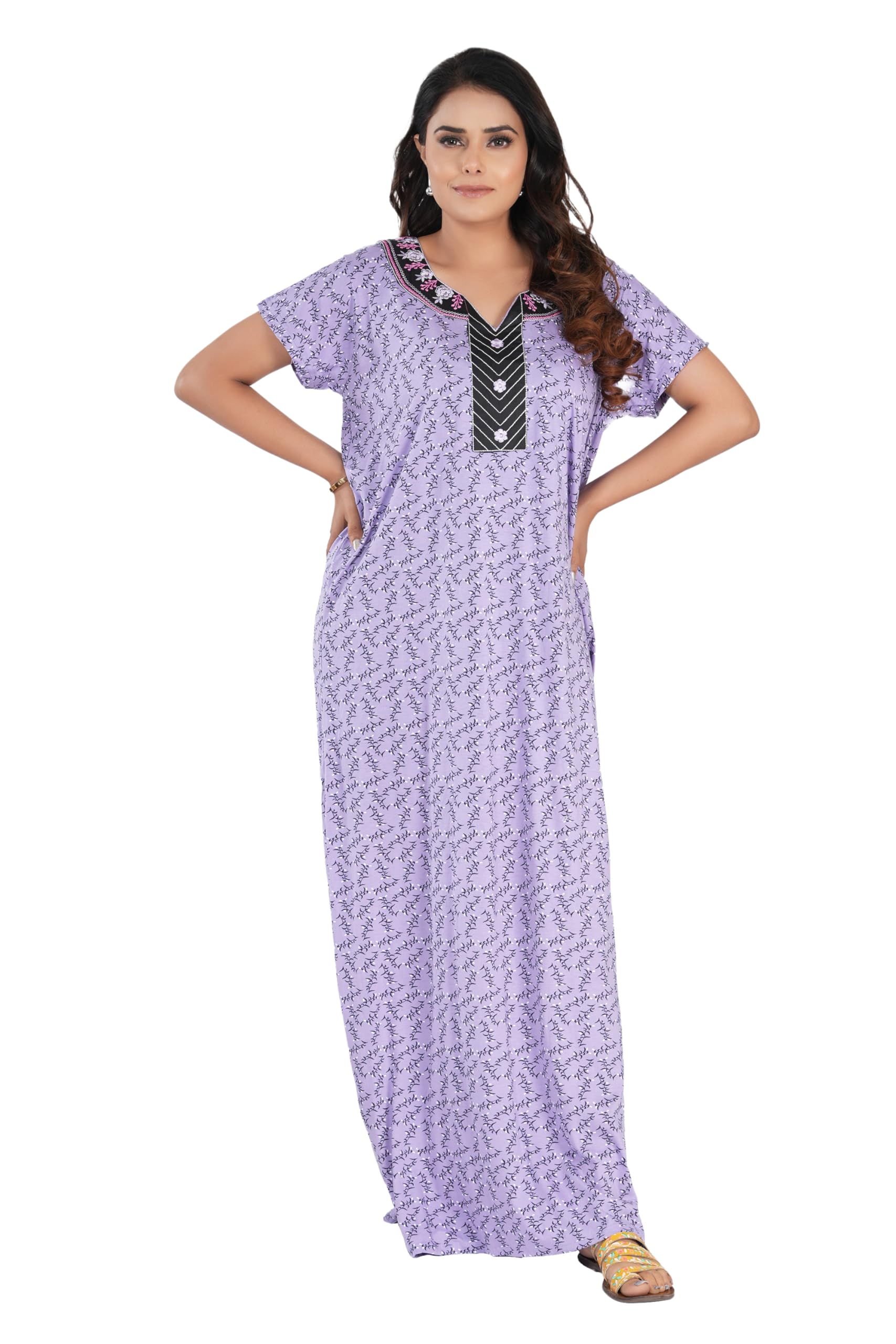 Women's Premium Hosiery Cotton Nighty| Half Sleeves | Night Wear | Maxi for Women | Size-Large, Round Shaped Neck (Article-SK-047) Lavender-image-14